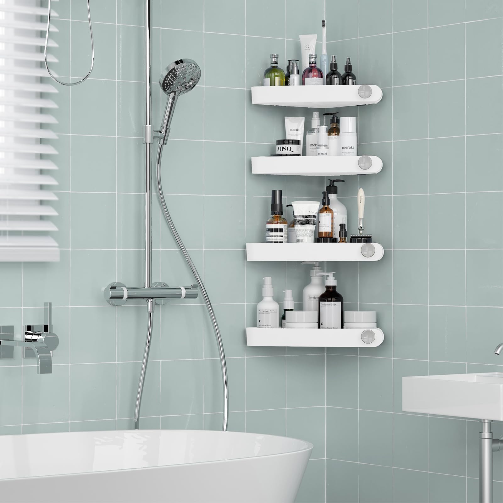 Shower Shelf corner  Bathroom Shower Storage with Adhesive Shower Shelves for Inside Shower  Shampoo Holder for Shower Wall  Plastic corner Shower caddy  4 Pack  White