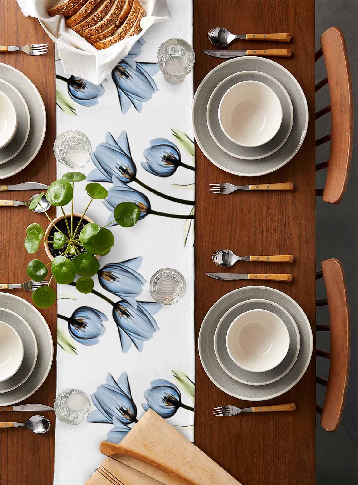 Floral Table Runner-Blue Tulip Cotton Linen-Long 120 Inche Dresser Scarves,Flower Rustic Tablerunner For Kitchen Coffee/Dining T