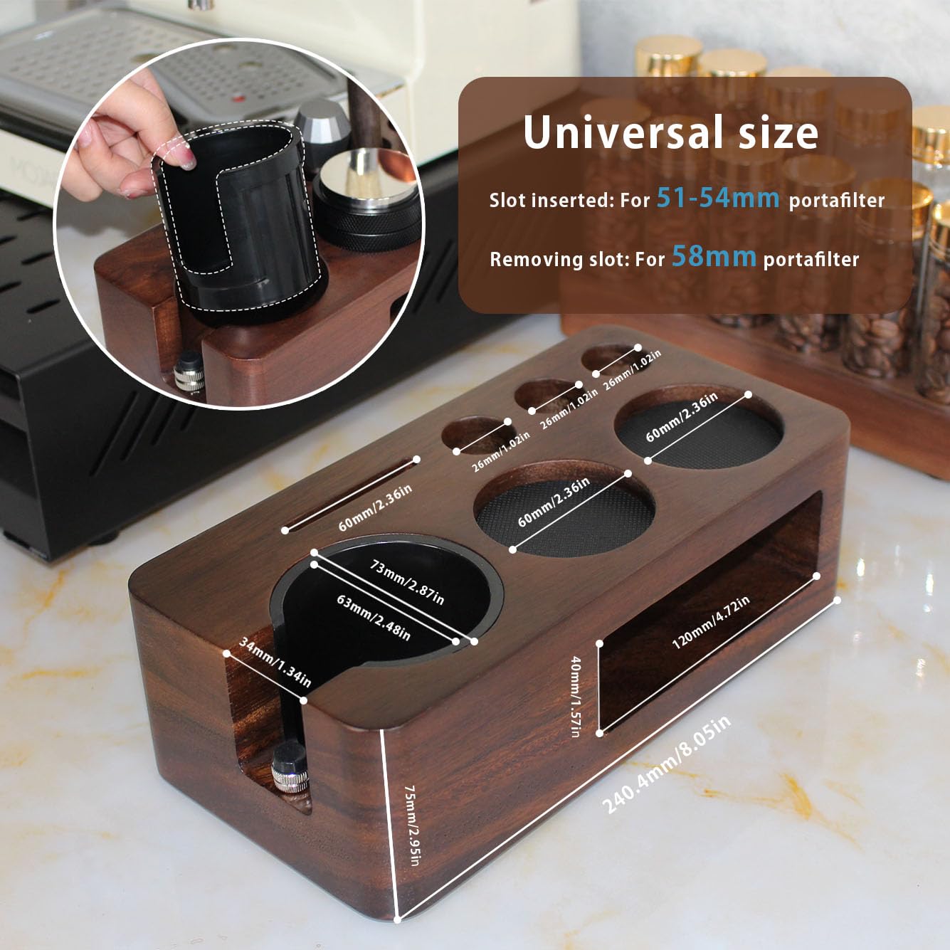 Carfeel Espresso Tamping Station, Walnut Non-slip Tamper Holder, Fits 51-54mm Portafilter, Multifunctional, Durable Design