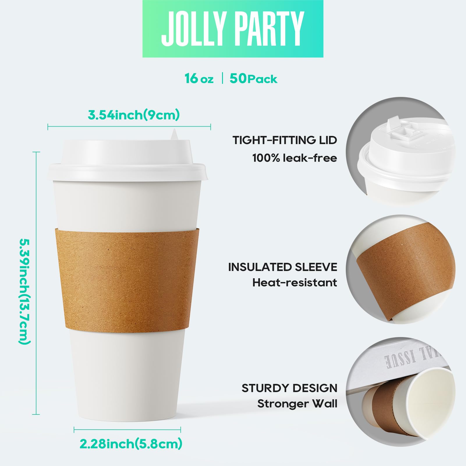 [50 Pack] 16 oz Paper Coffee Cups  Disposable Paper Coffee Cup with Lids  Sleeves  and Stirrers  Hot/Cold Beverage Drinking Cup for Water  Juice  Coffee or Tea  Suitable for Home  Shops and Cafes