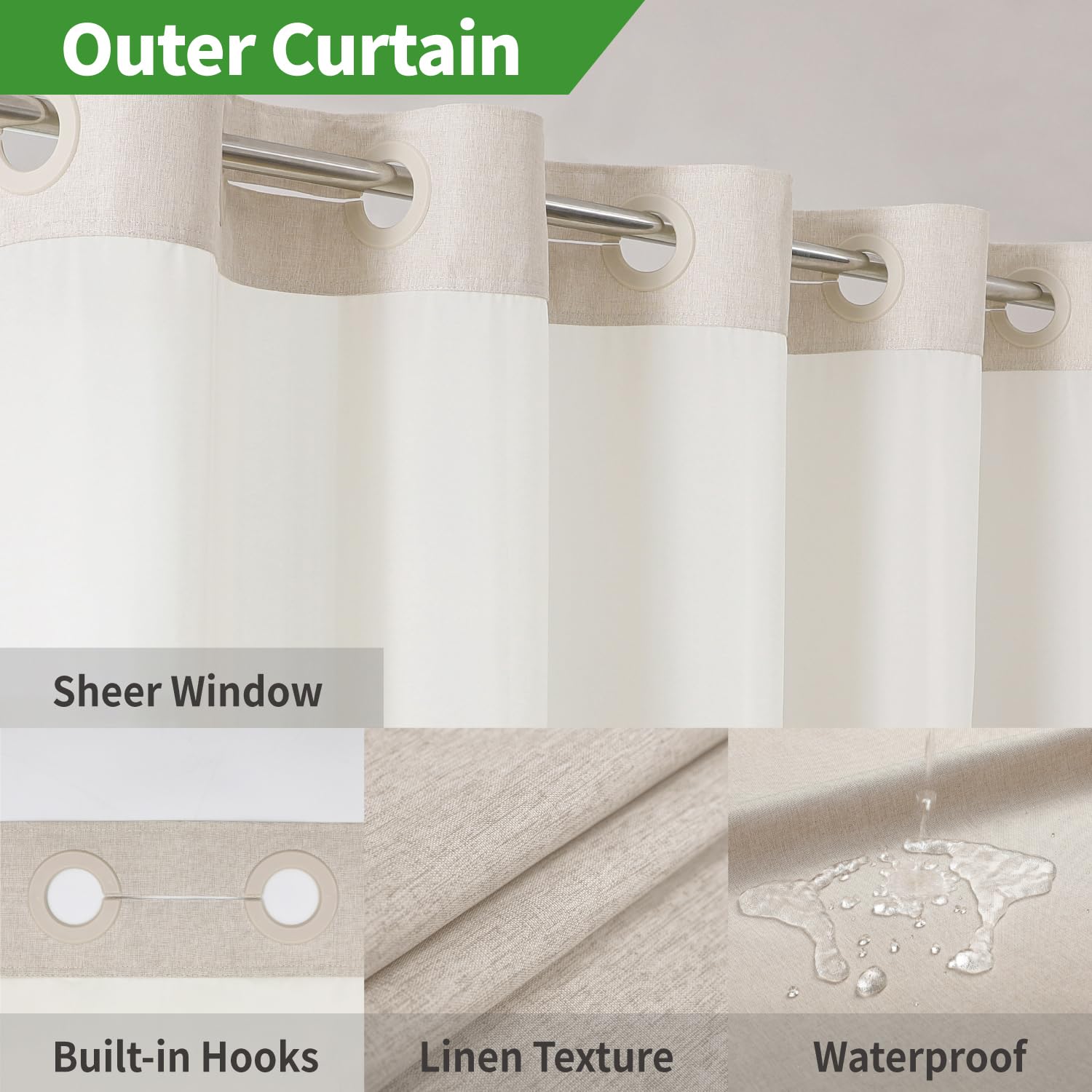 Eachope No Hooks Needed Linen Textured Shower Curtain With Snap-In Fabric Liner Set,Cream Hotel Luxury Decor Shower Curtains For