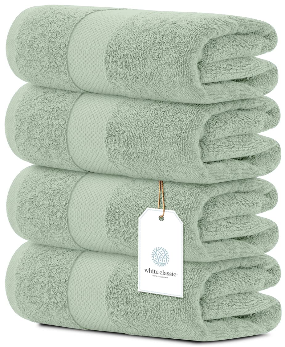 White Classic Luxury Cotton Bath Towels Large - | Highly Absorbent Hotel spa Collection Bathroom Towel | 27 inch X 54 inch | Set of 4 (Green  4)