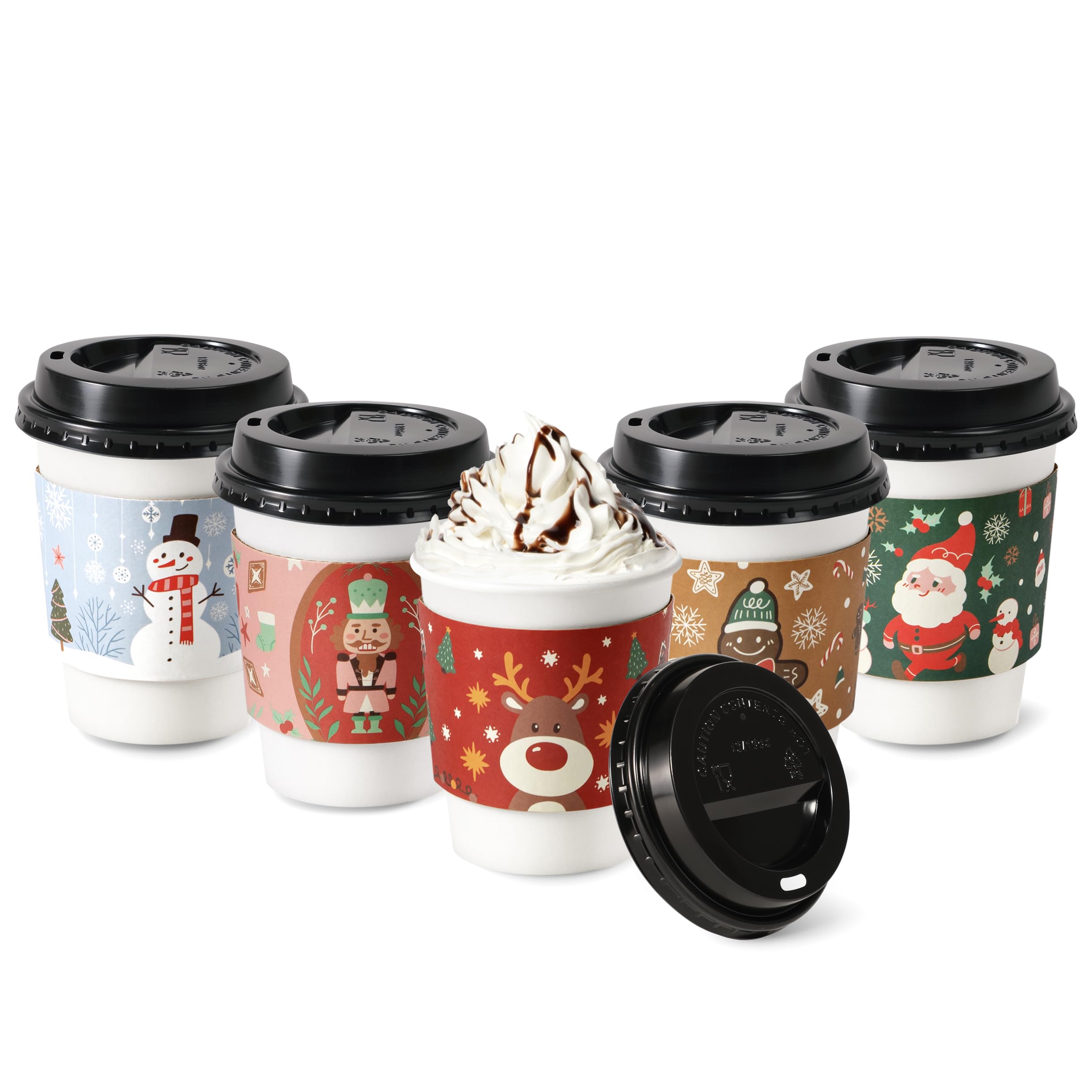 Fit Meal Prep 50 Pack 12 Oz Christmas Disposable Coffee Cups With Lids, Sleeves, Leak-Proof To Go Coffee Cups With Lids, Durable
