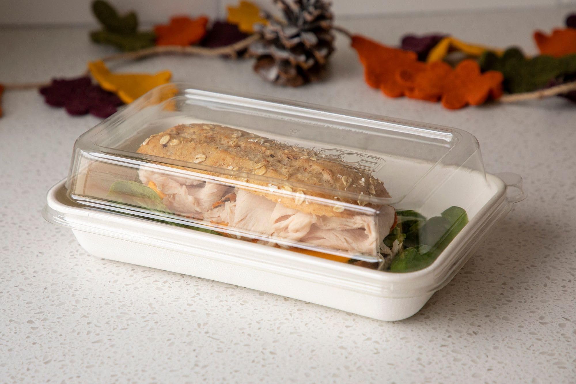 Eco Products Compostable 48Oz To Go Containers, Case Of 200, 10''X7''X1.75'' Rectangle Box, Disposable Renewable White Molded Fi