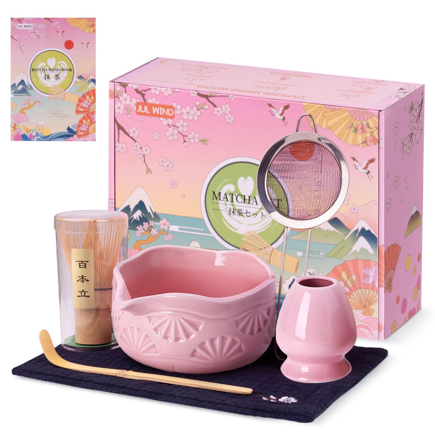 JUL WIND Matcha Whisk Set,Matcha Set,3 Pcs Matcha Kit Includes Whisk Holder,Matcha Bowl(chawan) with Spout,Bamboo Scoop,Gift pin
