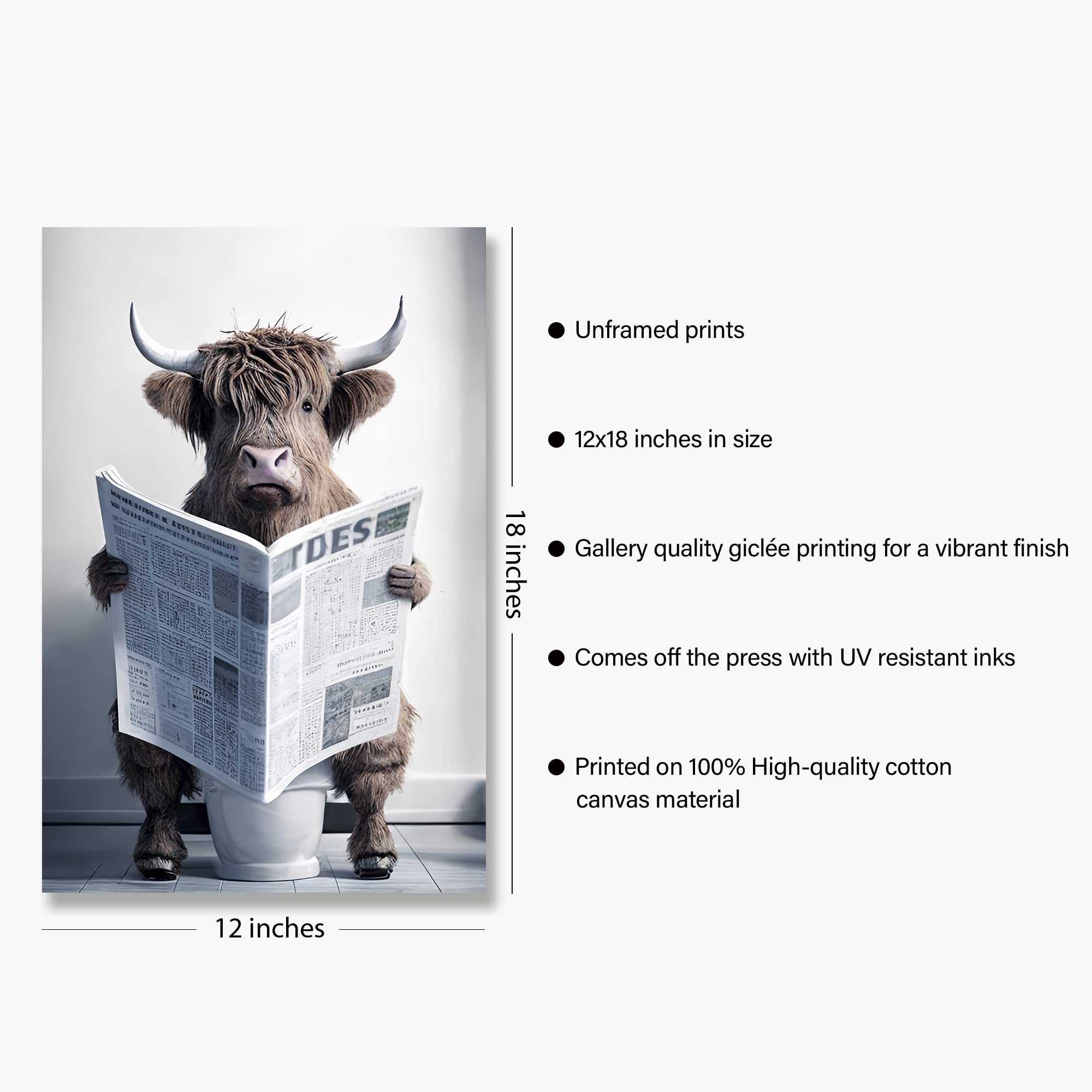 Funny Highland Cow Wall Art Canvas Bathroom Picture, Humor Animals Bathroom Artwork Prints, Rustic Farmhouse Wall Decor For Livi