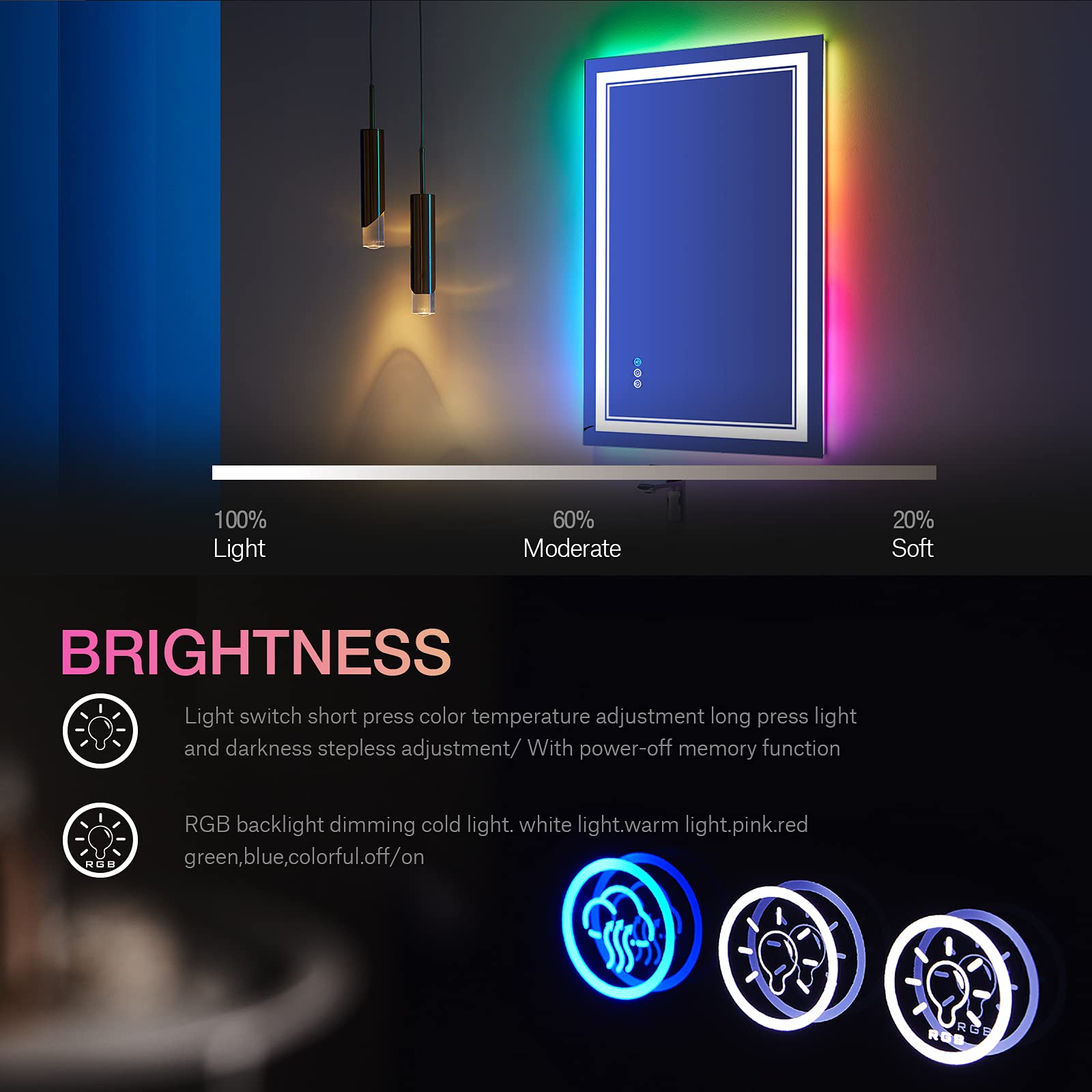 ISTRIPMF 20x28 inch LED Bathroom Mirror with Lights Backlit RGB Color Changing Lighted Mirror for Bathroom Wall Dimmable Anti-Fog Led Mirror (RGB Multicolor Backlit + Adjustable Front-Lighted)