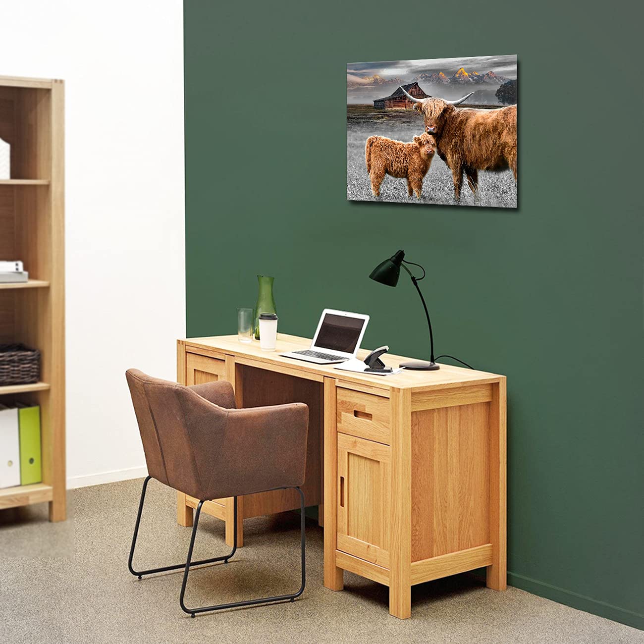 Rinsiken Highland Cattle Wall Art With Long Horns Picture - Highland Cow Print On Canvas Painting 12X16 Inches Artwork For Home