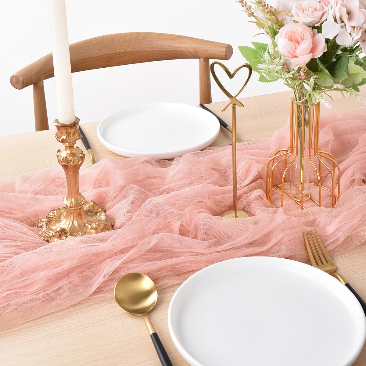 Joanlody Coral Pink Cheesecloth Table Runner 10Ft Rustic Gauze Cheese Cloth Table Runner Boho Fall Thanksgiving Table Runner For