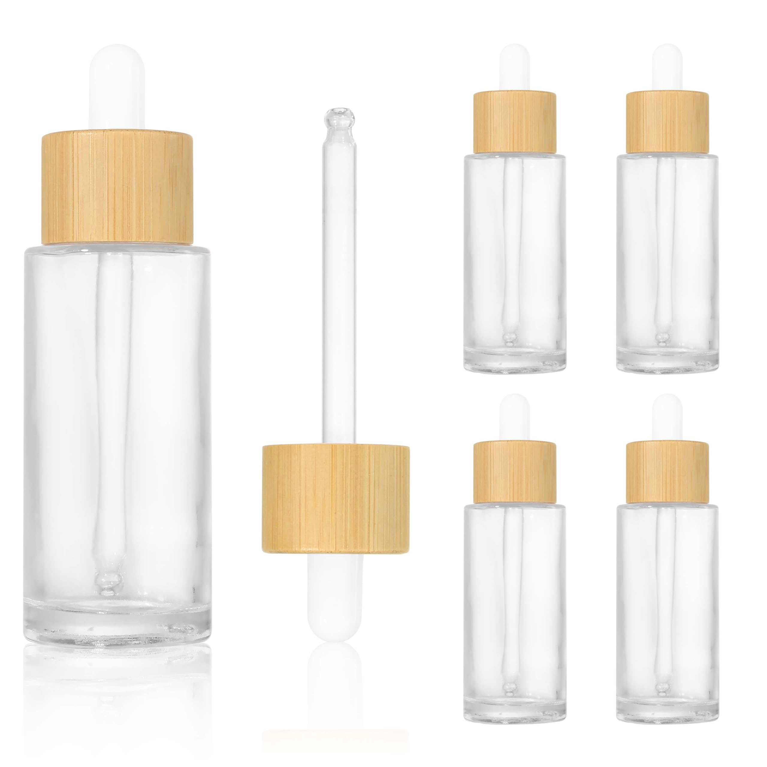 COSIDEA 5PCS empty 50ml / 1.67 oz clear glass bottles with wood bamboo dropper lids for serum essential oil, DIY cosmetics oils 