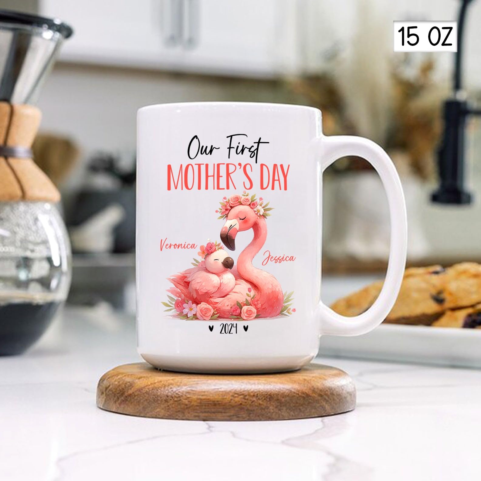 Pink Flamingo Mug For Animal Lovers, Personalized Mom And Baby Flamingo Ceramic Mug, Mother Flamingo & Baby Coffee Cup, Our Firs