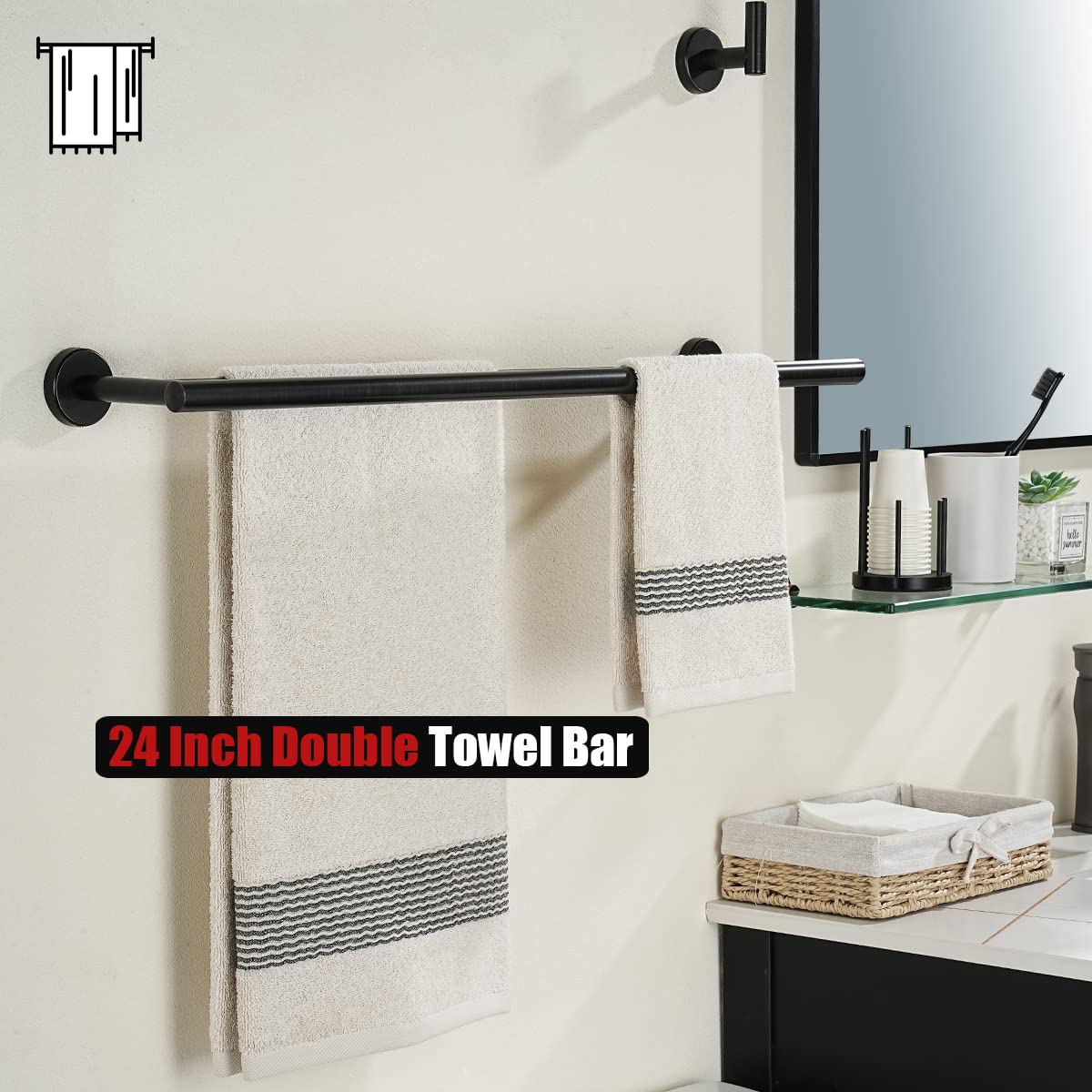 JQK Double Towel Bar  Oil Rubbed Bronze 24 Inch 304 Stainless Steel Thicken 0.8mm Bath Towel Rack for Bathroom  Towel Holder Wall Mount ORB  Total Length 27.16 Inch  TB100L24-ORB