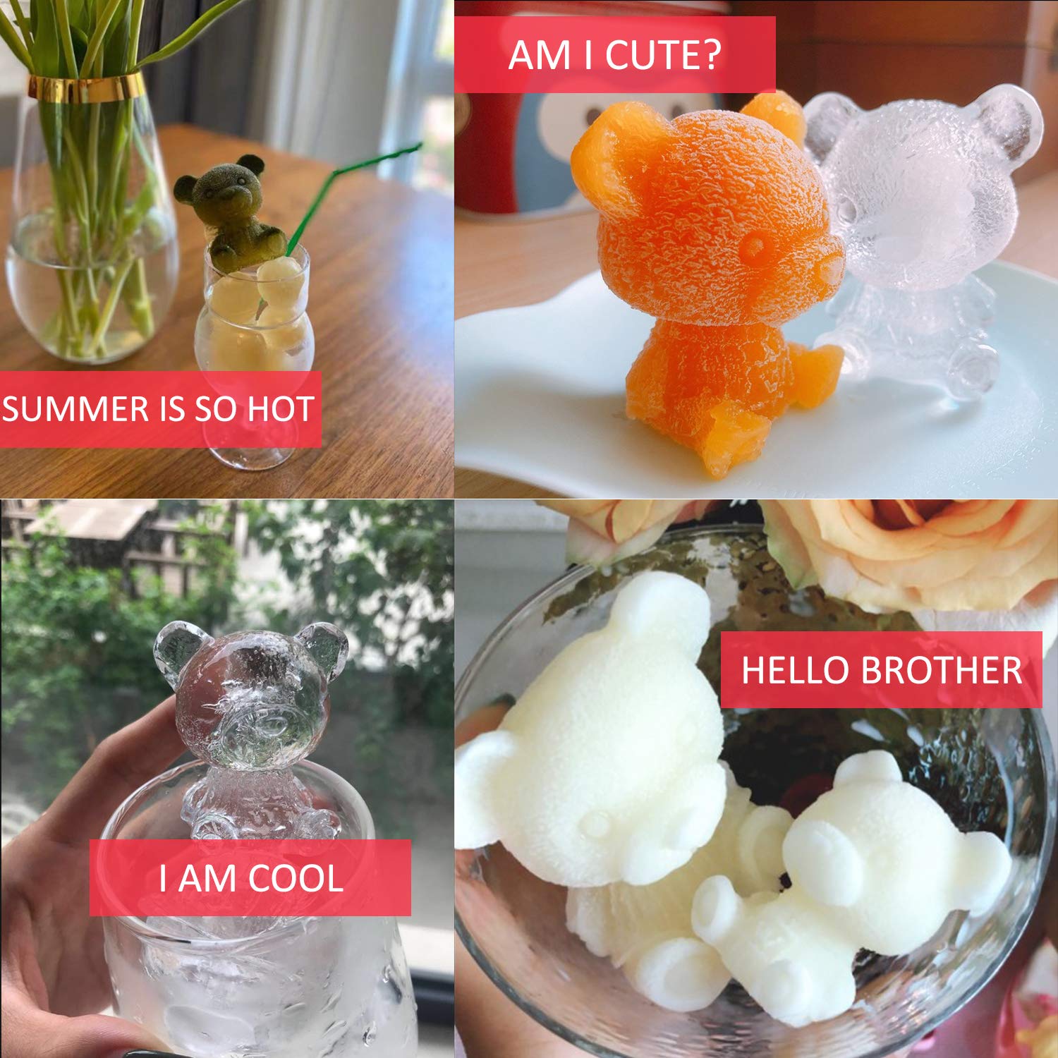 Whaline 2Pcs 3D Teddy Bear Ice Silicone Molds Ice Cube Trays Mold Silicone Animal Mold Soap Candle Mold Ice Cube For Coffee Milk