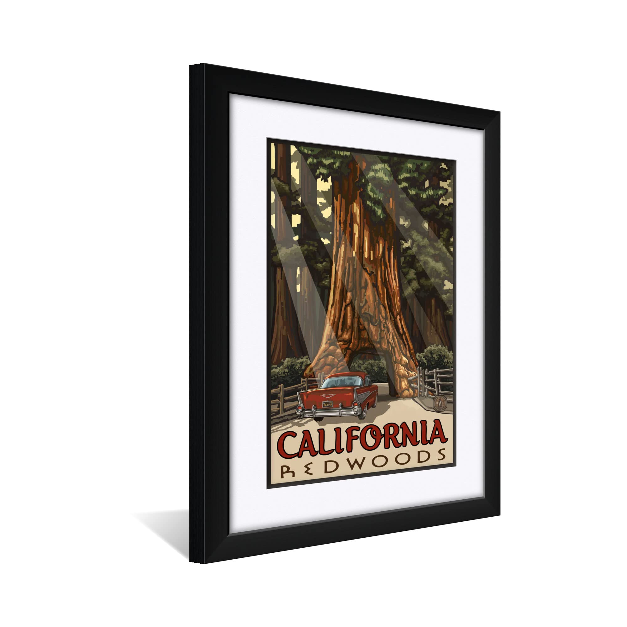 California Redwoods Car Thru Tree Professionally Framed & Matted Art Print From Travel Artwork By Artist Paul A. Lanquist Framed