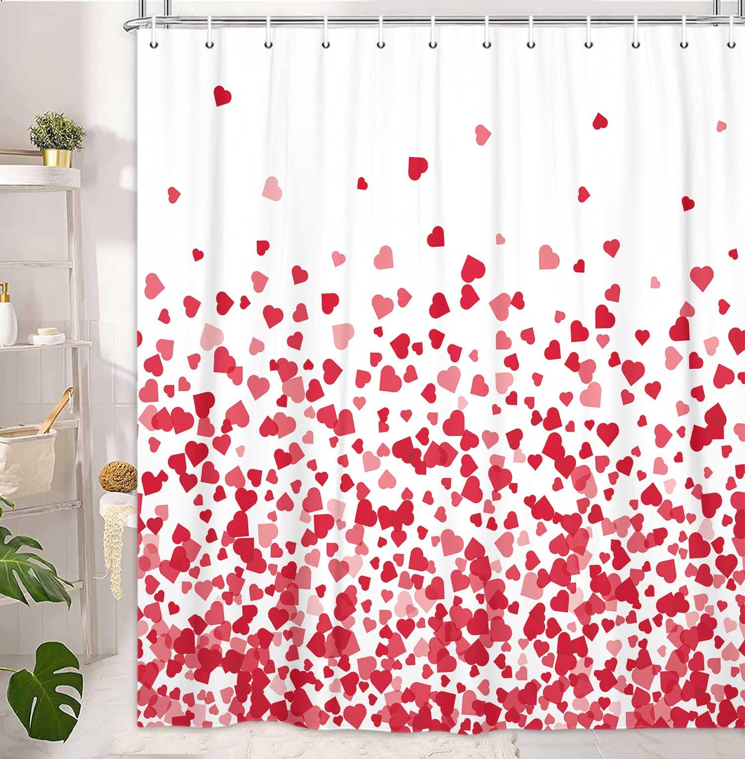 Jawo Heart Shower Curtain, Valentine'S Day Falling Red Heart Fabric Bathroom Curtain And Hooks, Valentine'S Day Pink Love Waterp