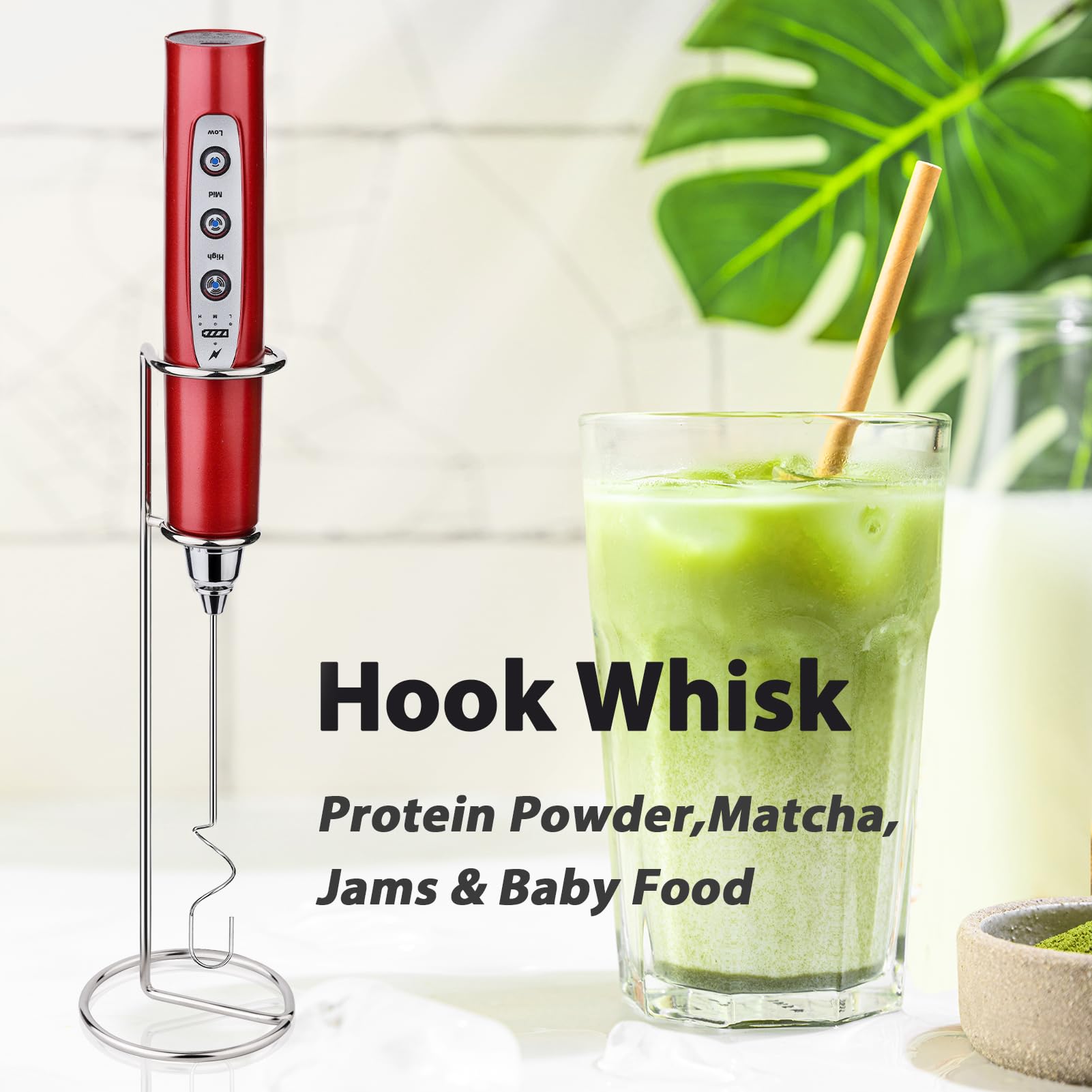 Sakgos Milk Frother With Stand Rechargeable-Handheld Frother Wand With 3 Stainless Whisks 3 Speed Adjustable, Electric Whisk Dri