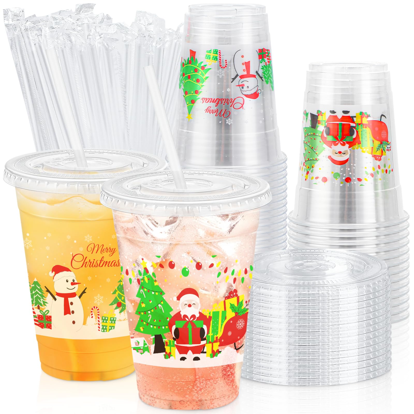 Lamosi 50 Pack 16 oz Christmas Clear Plastic Cups with Lids and Straws, Disposable Snowman Santa Plastic Coffee Cups with Lids f
