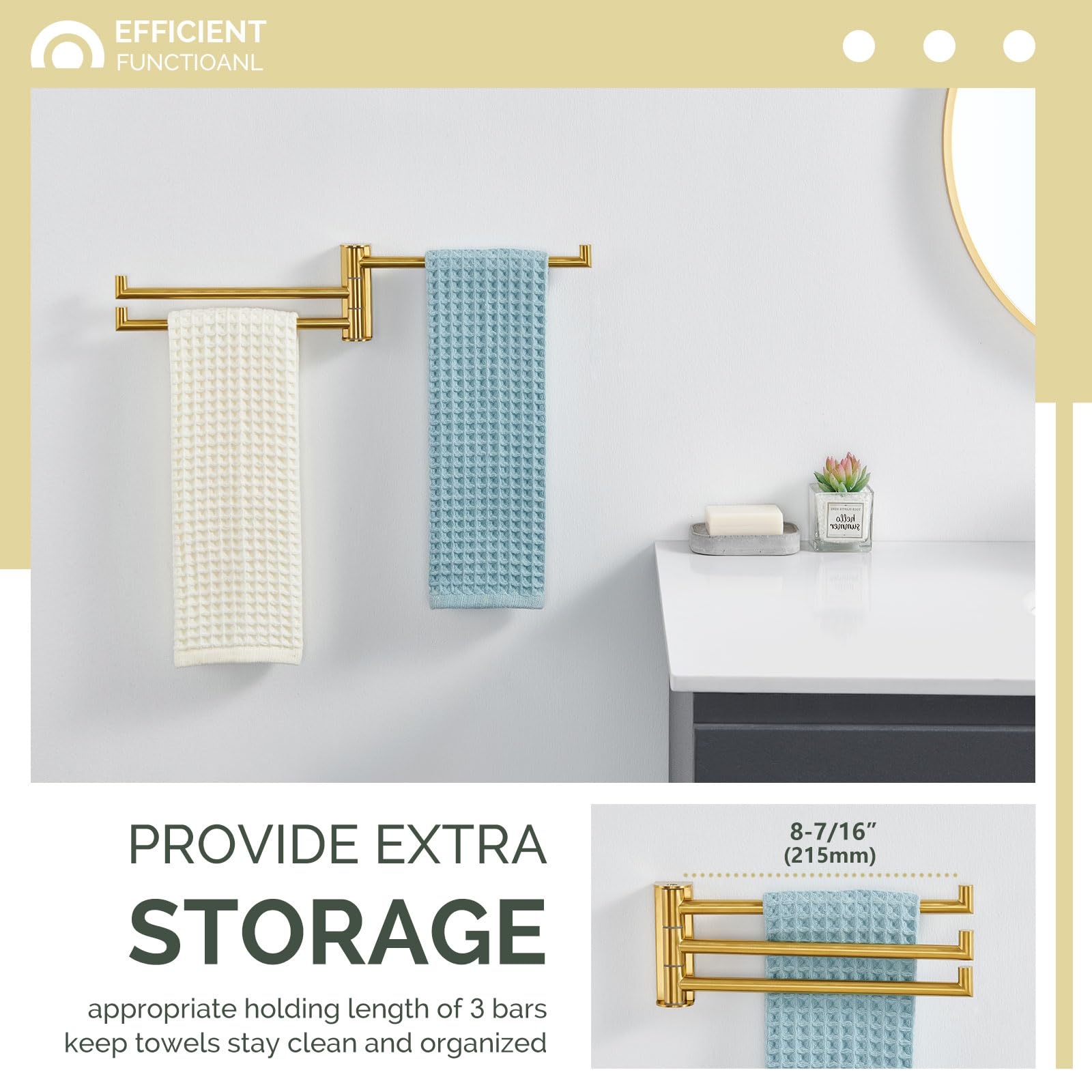 Angle Simple Hand Towel Holder 3 Bars, 304 Stainless Steel Swivel Bathroom Towel Bar, Folding Face Towel Rack Brushed Gold