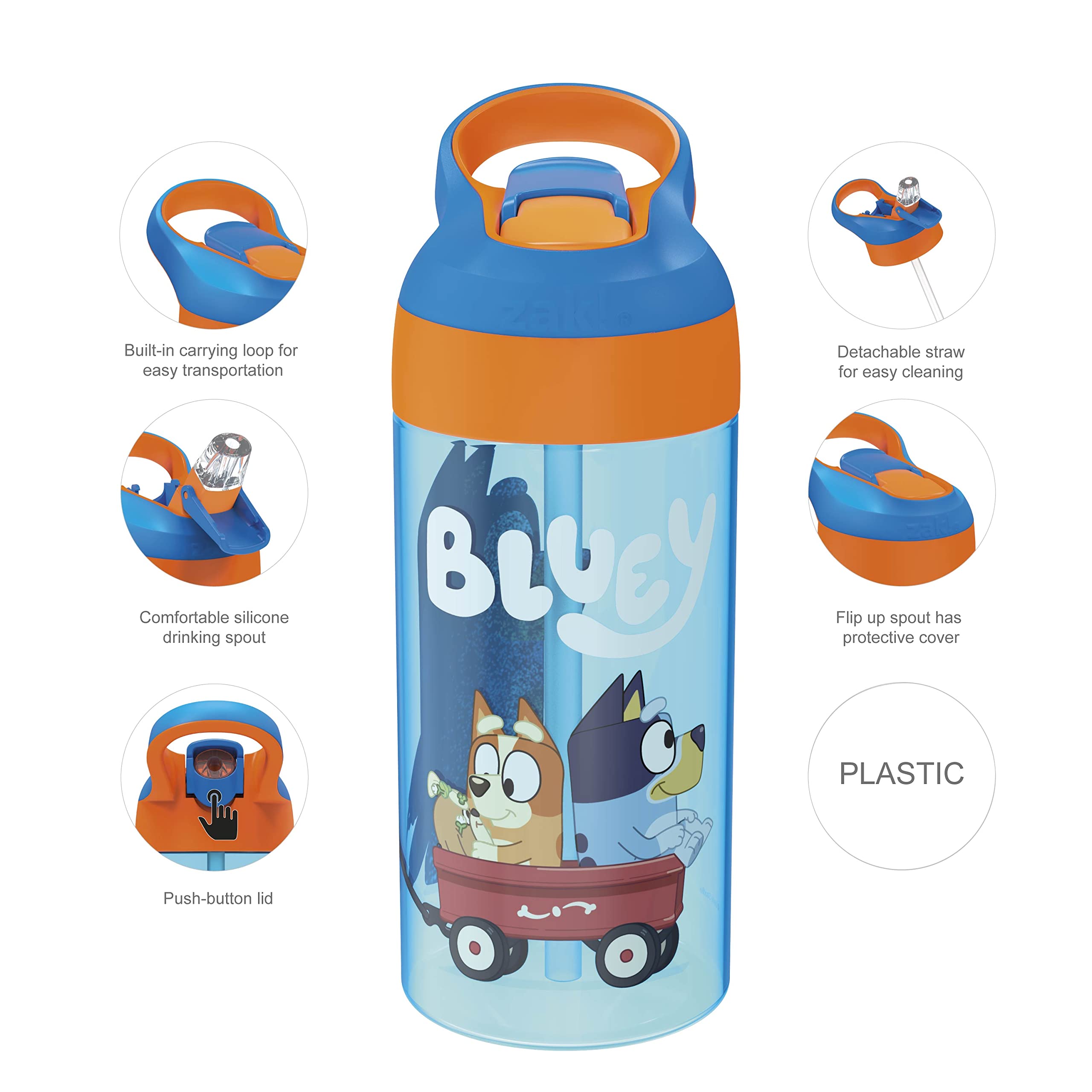Zak Designs 17.5 oz Riverside Bluey Kids Water Bottle with Straw and Built in Carrying Loop Made of Durable Plastic  Leak-Proof Design for Travel  2PK Set