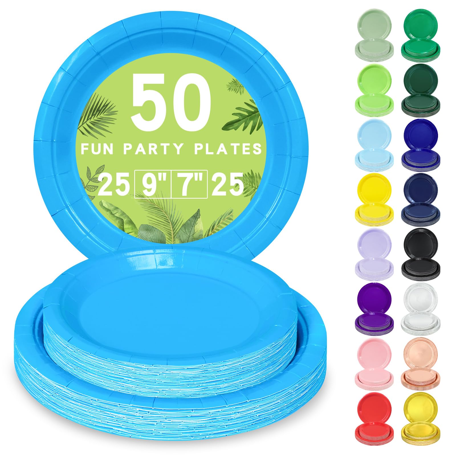 LANLISA 50 Blue Paper Plates Disposable Set Includes 25-9 & 25-7 Disposable Dessert Cake Paper Plates for Party Supplies