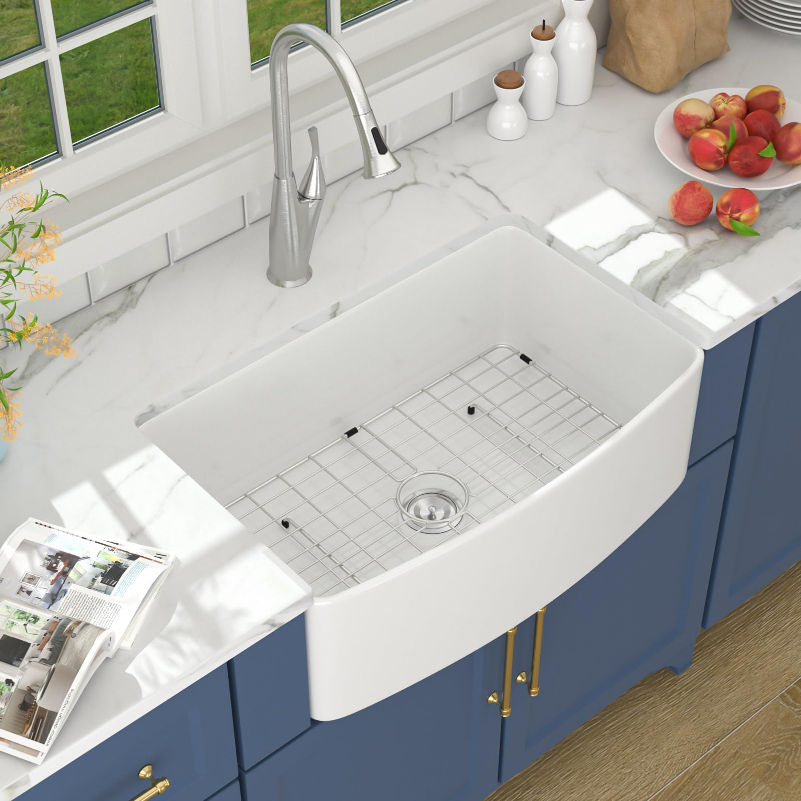 Lordear 30 White Farm Sink 30X19 Inch Farmhouse Sink White Fireclay Ceramic Porcelain Curved Apron Front Single Bowl Farm Kitche