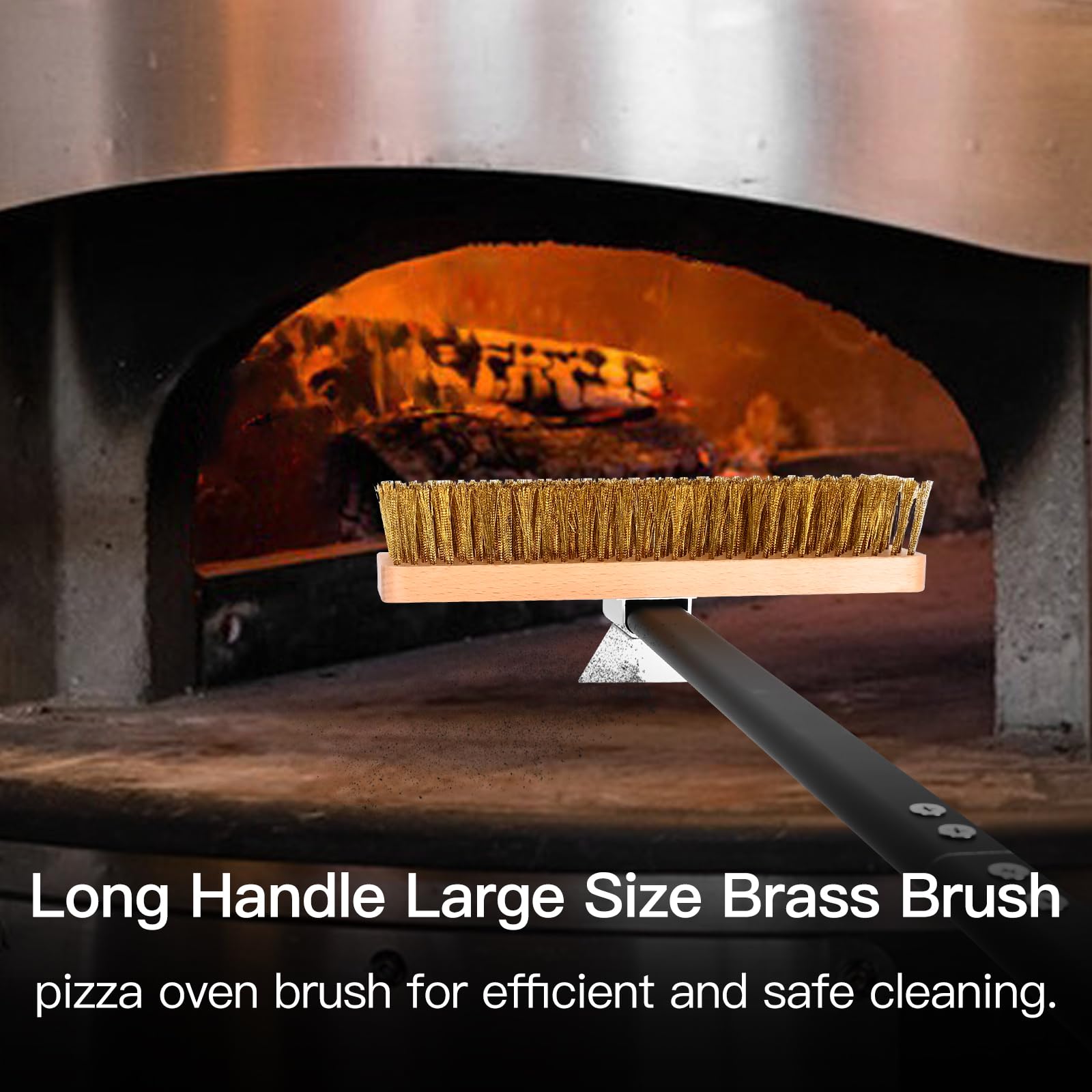 Nutuni Large Pizza Oven Brush With Scraper, 10.7'' Length Brass Bristles Grill Brush With 37 Or 52.8 Inch Long Handle, Backyard