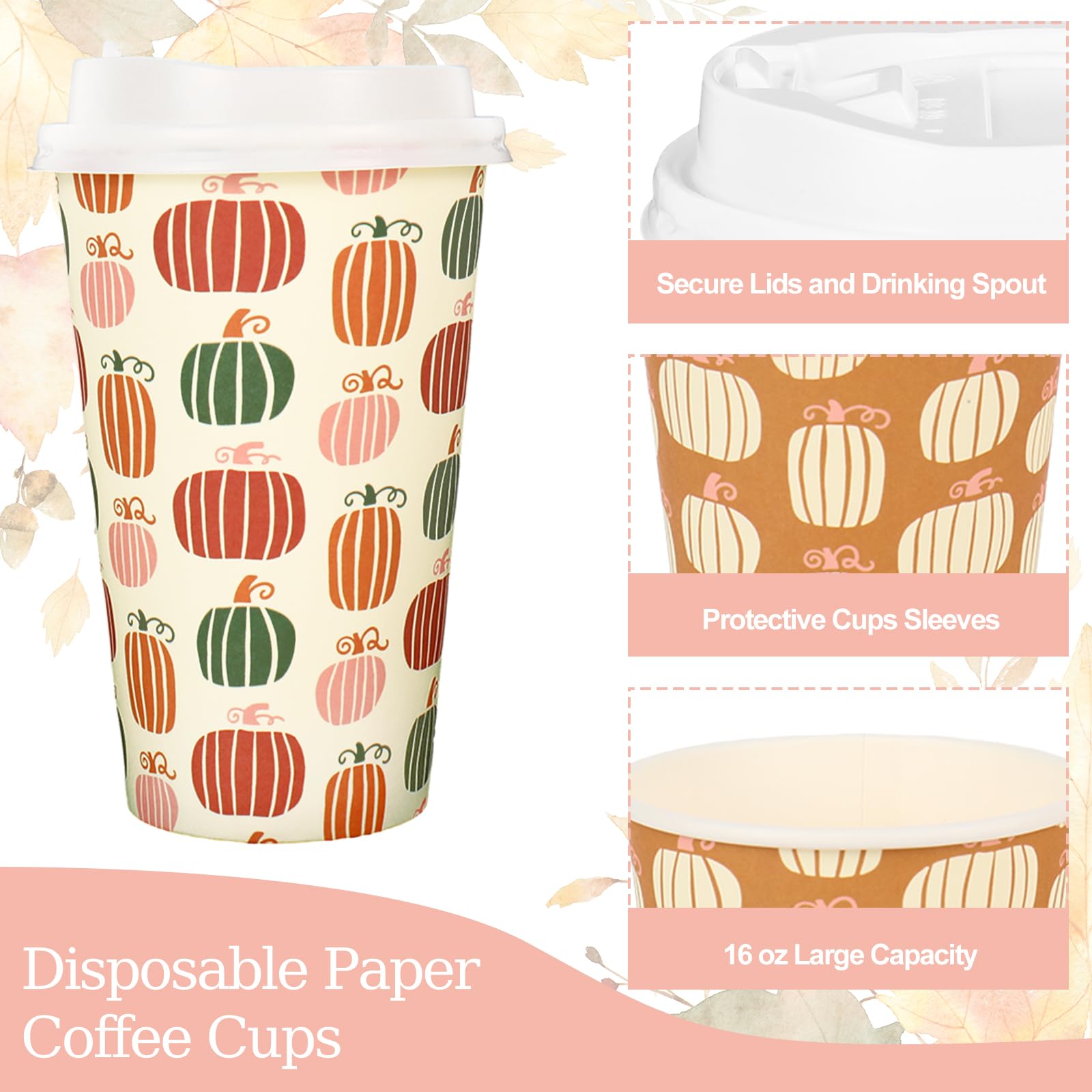 FYSUIMU 120 Sets Boho Fall Disposable Coffee Cups with Lids 16Oz Pumpkin Leaves Mushroom Drinking To Go Cup 6 Designs Paper Cup