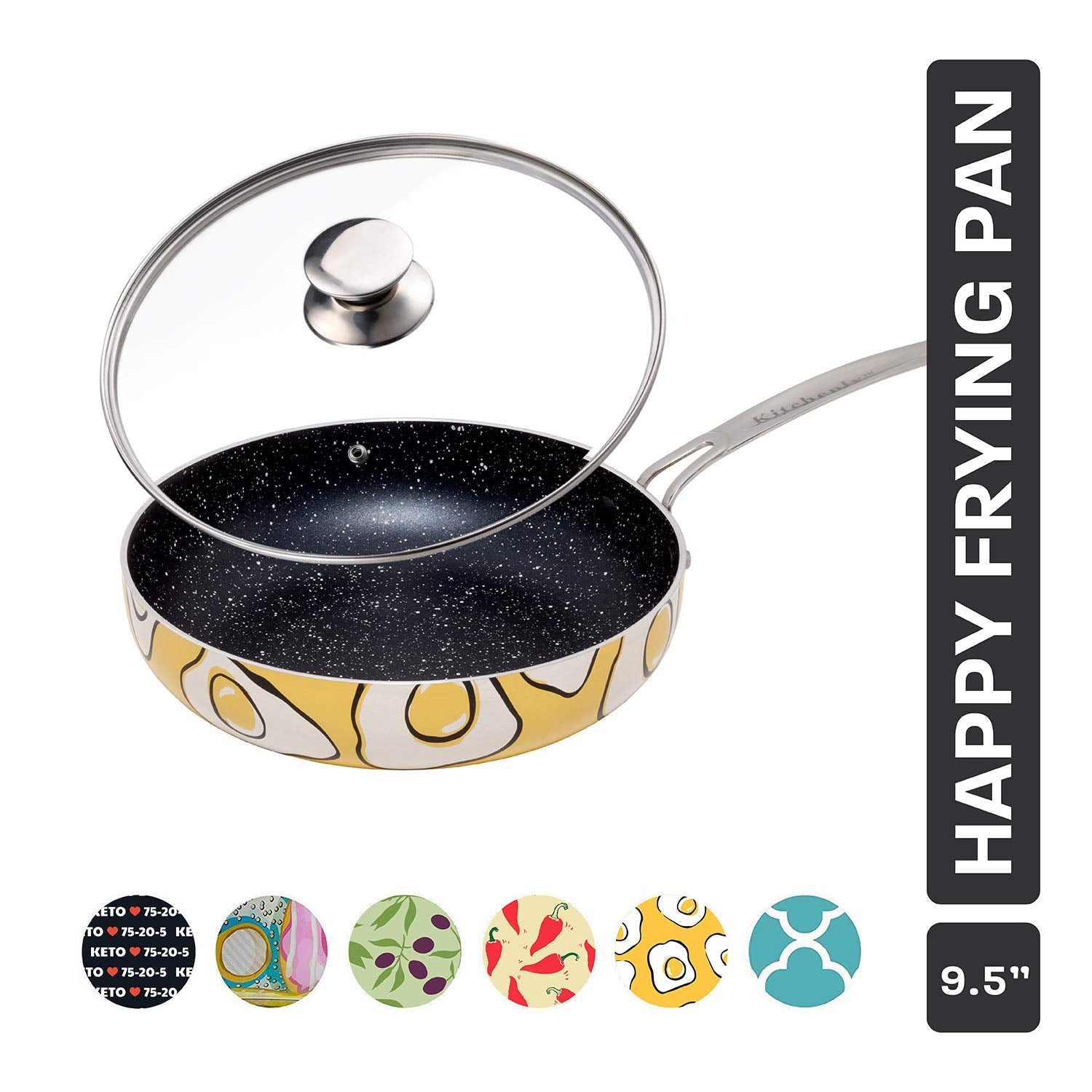 Kitchenly Happy Frying Pan & Lid - Nonstick Pan, Deep Nonstick Frying Pan Stone Cookware - Oven, Electric, Gas, And Induction Co