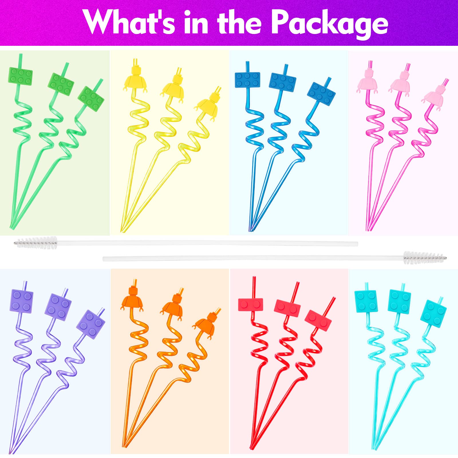24 Pcs Building Blocks Party Favors Drinking Straws, 8 Colors Reusable Straws For Kids Adults Birthday Party Decoration Supplies