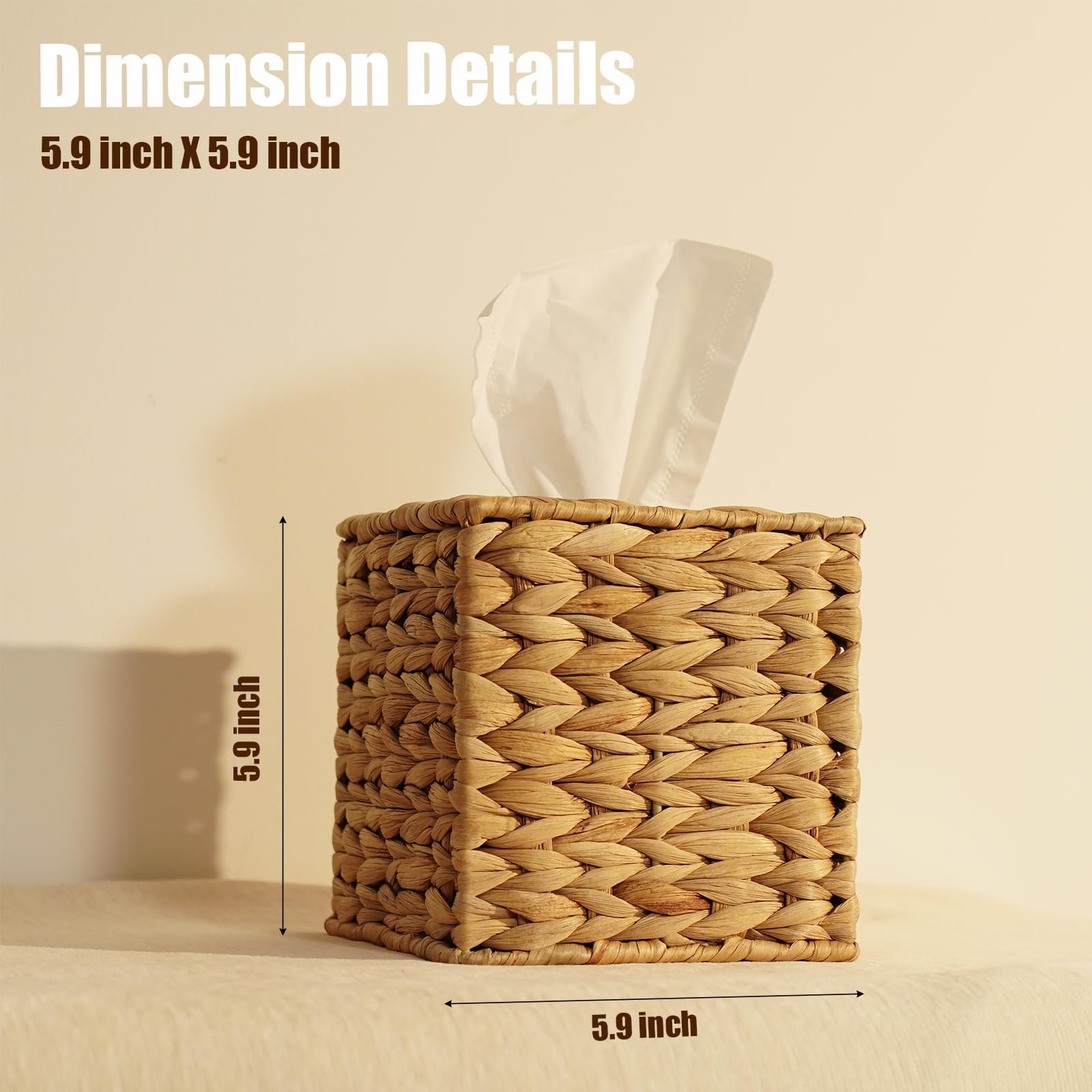 Pinxiury Water Hyacinth Handwoven Tissue Box Cover, Natural Handmade Wicker Napkin Box Holder, Handcrafted Square Facial Tissue,