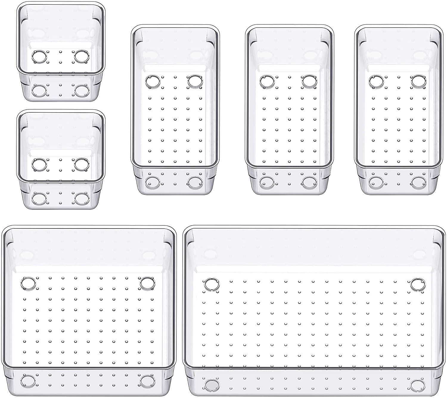 Niebla Desk Drawer Organiser Trays Set, Clear Plastic Storage Bins, 7 Pieces, For Bathroom Vanity, Bedroom Dresser, Makeup, Kitc