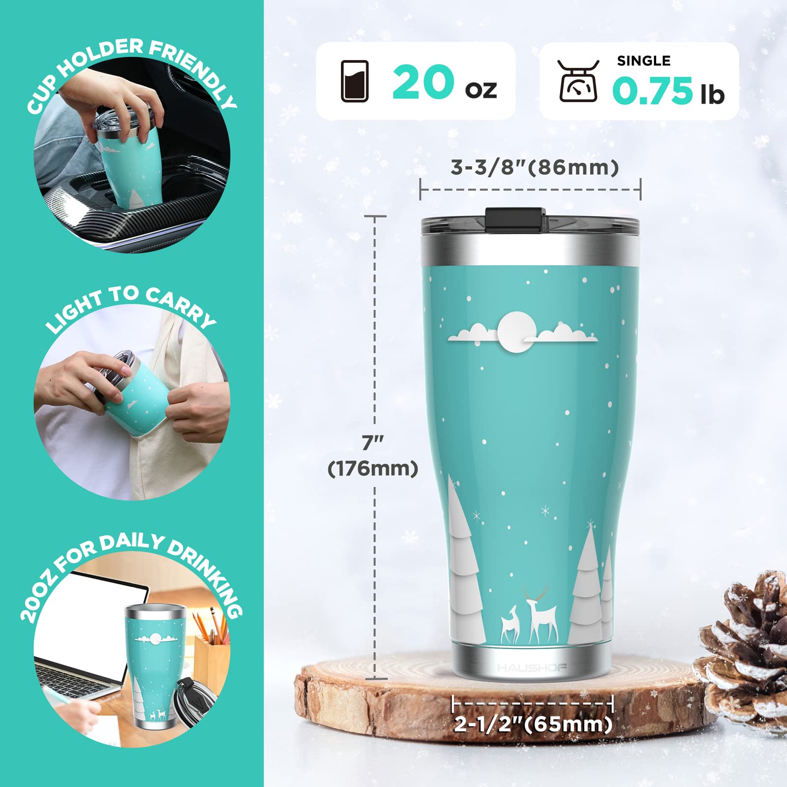 HAUSHOF 20oz Christmas Tumbler, Stainless Steel and Double Wall Insulated Travel Coffee Mug with Lid, Good Choice for Christsmas