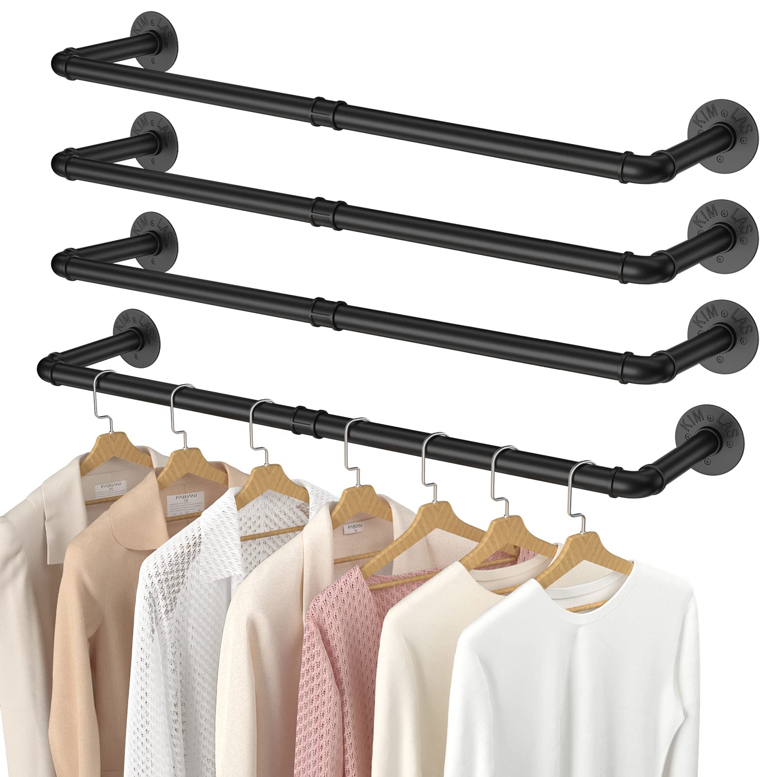 Elibbren 4 Pack Clothing Rack Wall Mount, Industrial Pipe Clothing Rack 38.4In, Hanging Clothes Rack,Heavy Duty Iron Garment Rac