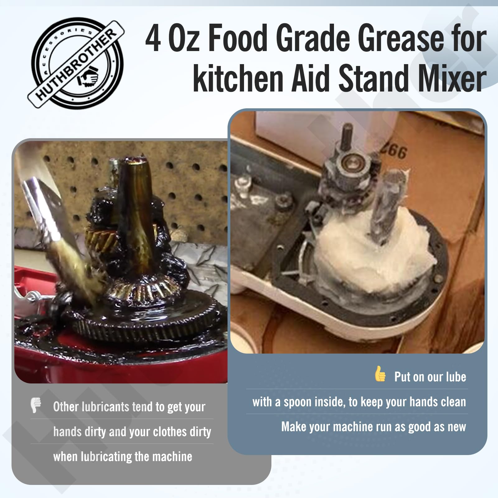Huthbrother 4 Oz Food Grade Grease for KitchenAid Stand Mixer - NSF-H1 Accredited, Includes Gasket 9709511 & Spatula, White