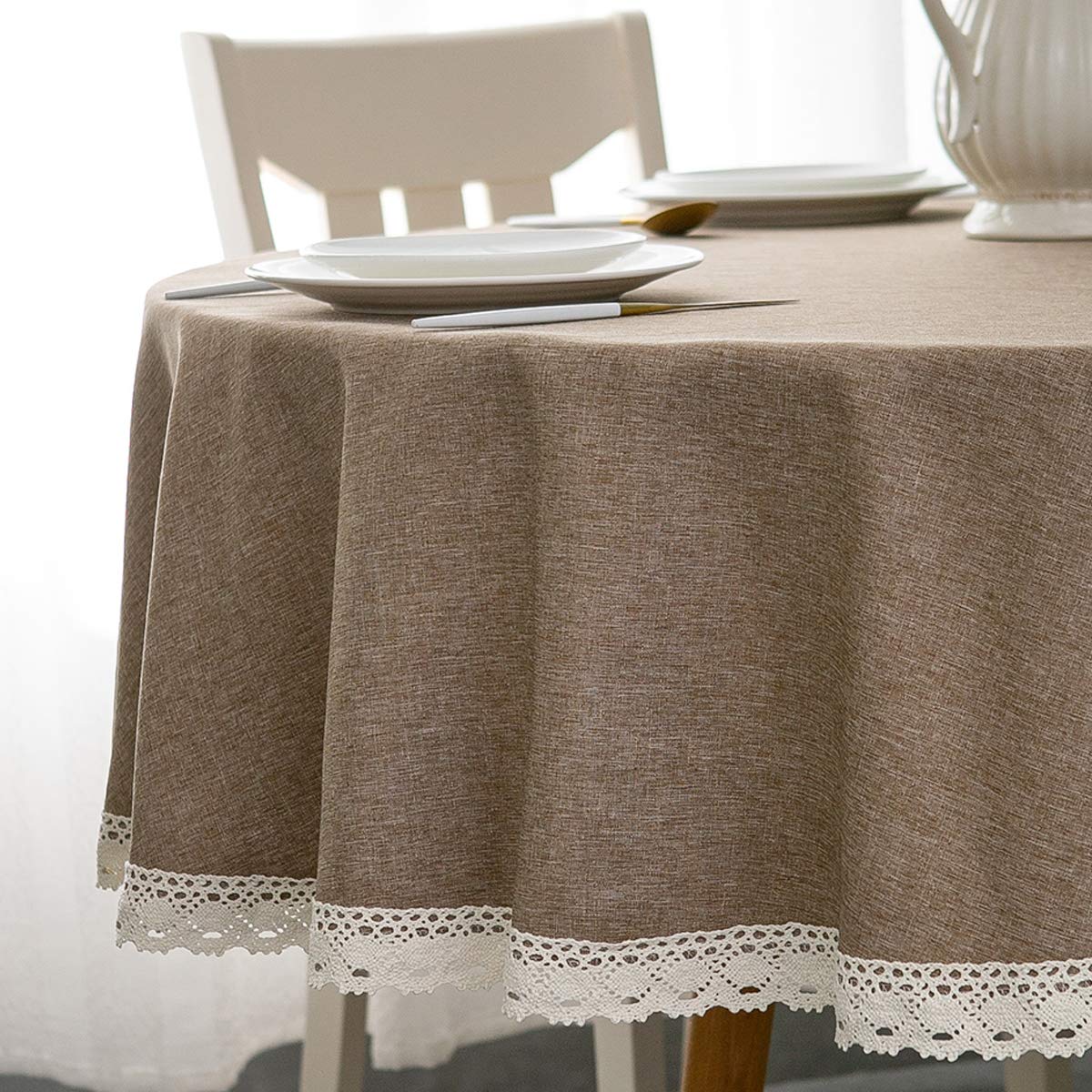 Ehousehome Faux Linen Tablecloth With Lace Trim - Waterproof/Spill Proof/Stain Resistant/Wrinkle Free/Oil Proof - For Banquet, P