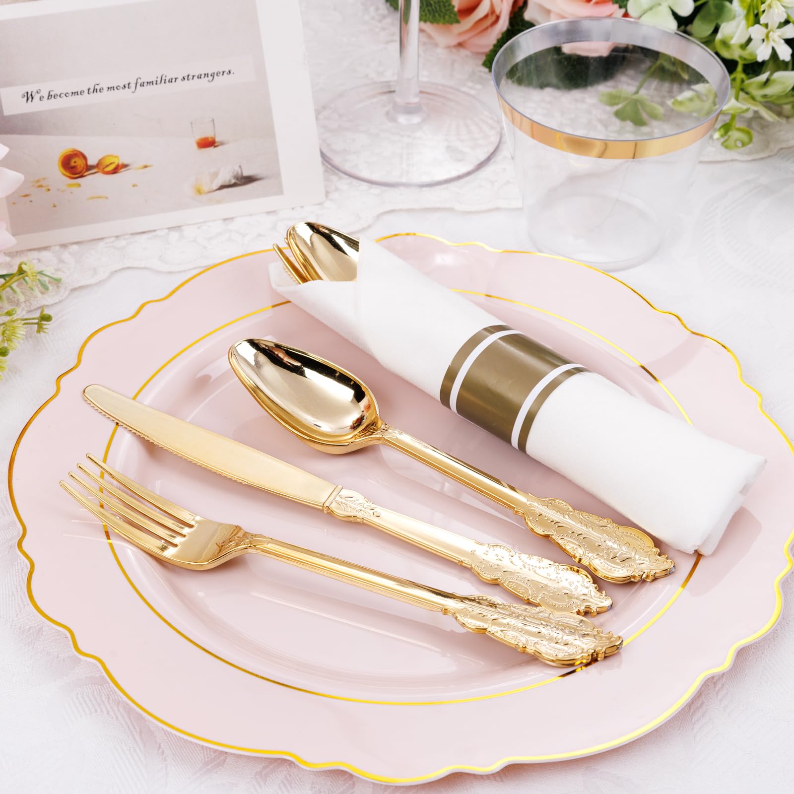 Liacere 350Pcs Pink Plates Disposable - Pink And Gold Plates 50Guest Baroque Plastic Dinnerware Include 100Plates, 50Pack Pre Ro