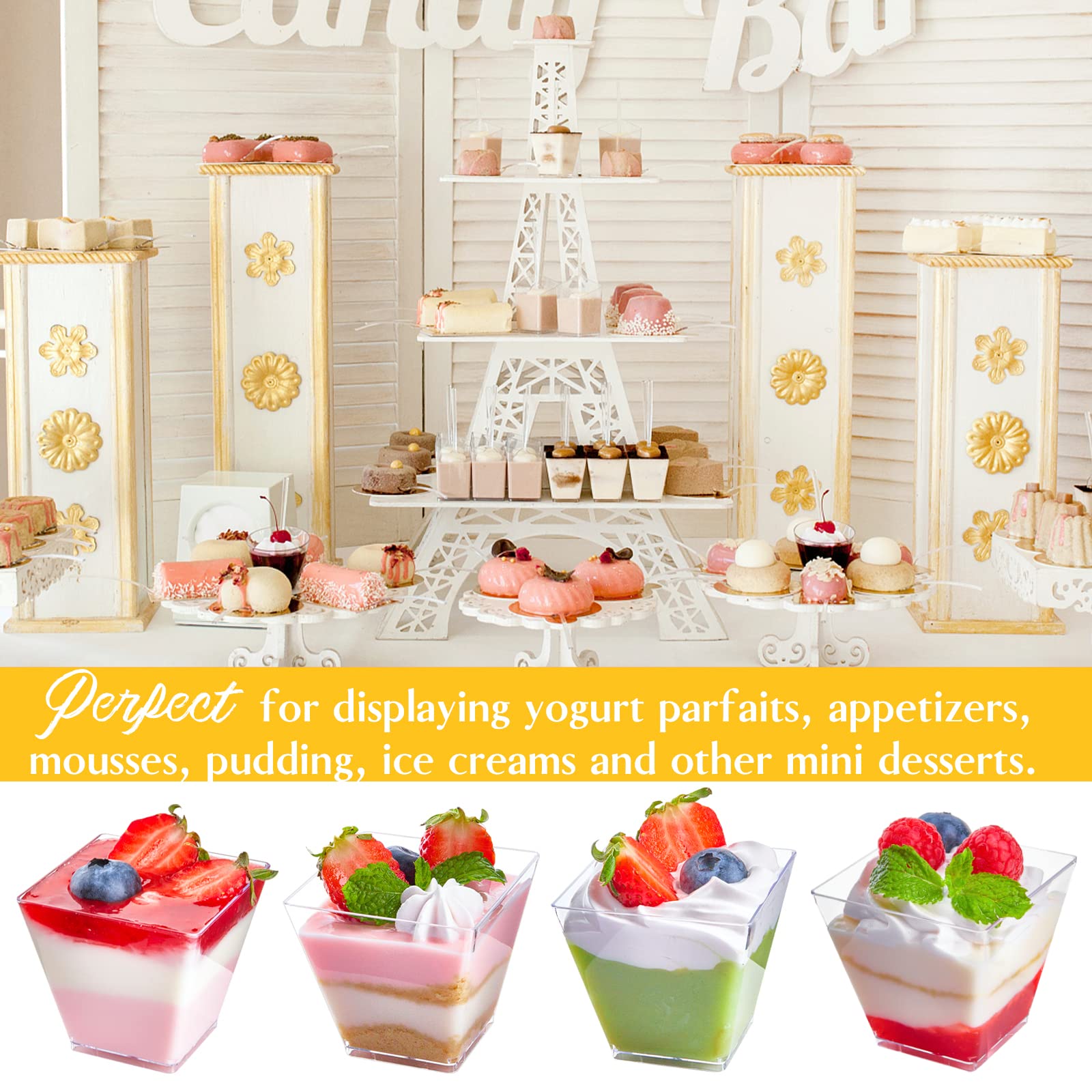 Qeirudu 50 Pack 3.5 Oz Square Mini Dessert Cups With Spoons, Plastic Dessert Cups Clear Small Parfait Shooter Cups For Party App