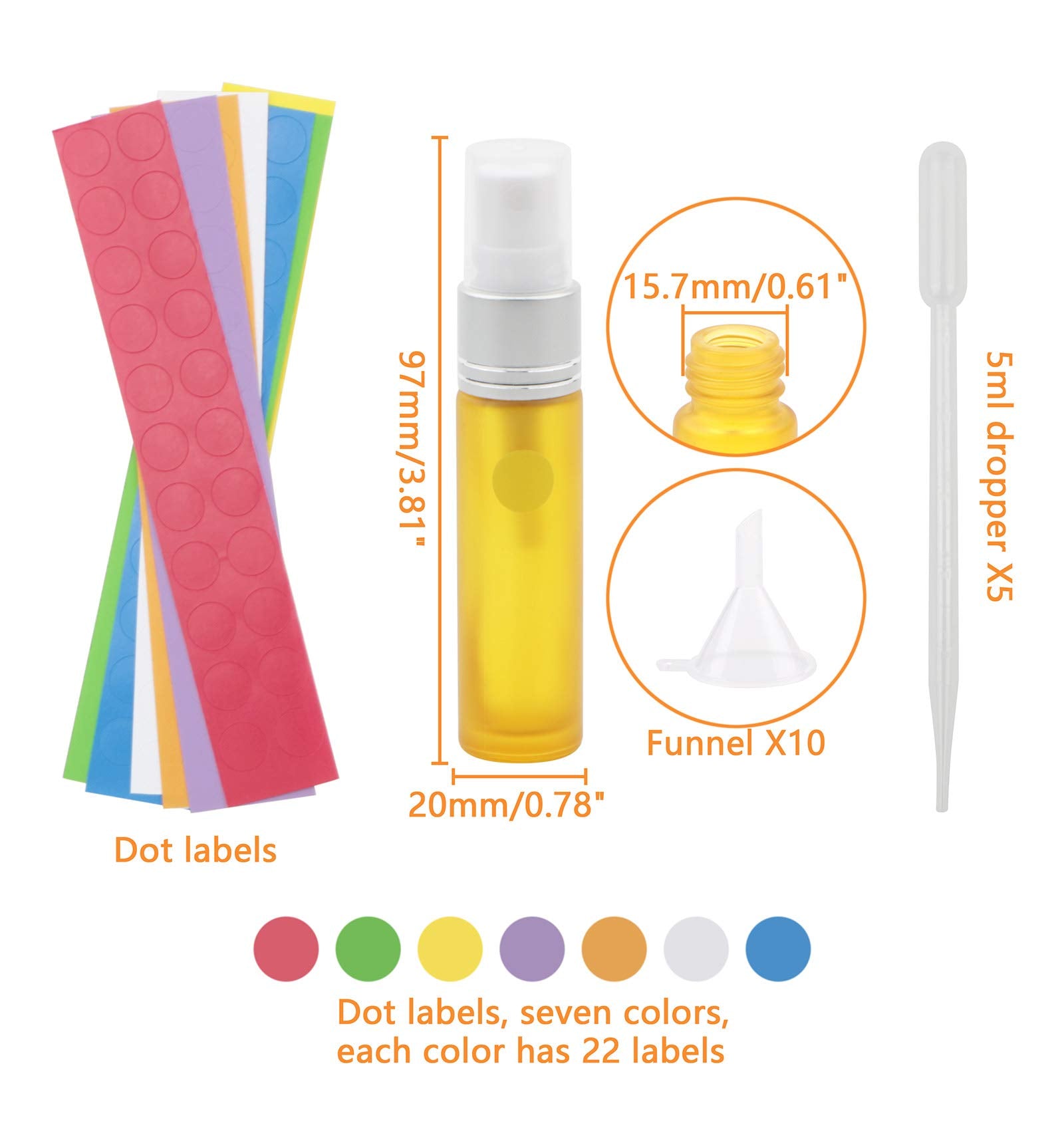Ellbest 10Ml Empty Glass Spray Bottle Gradient Color Refillable Perfume Container (10Matte Yellow Bottles &5 Droppers &10 Funnel