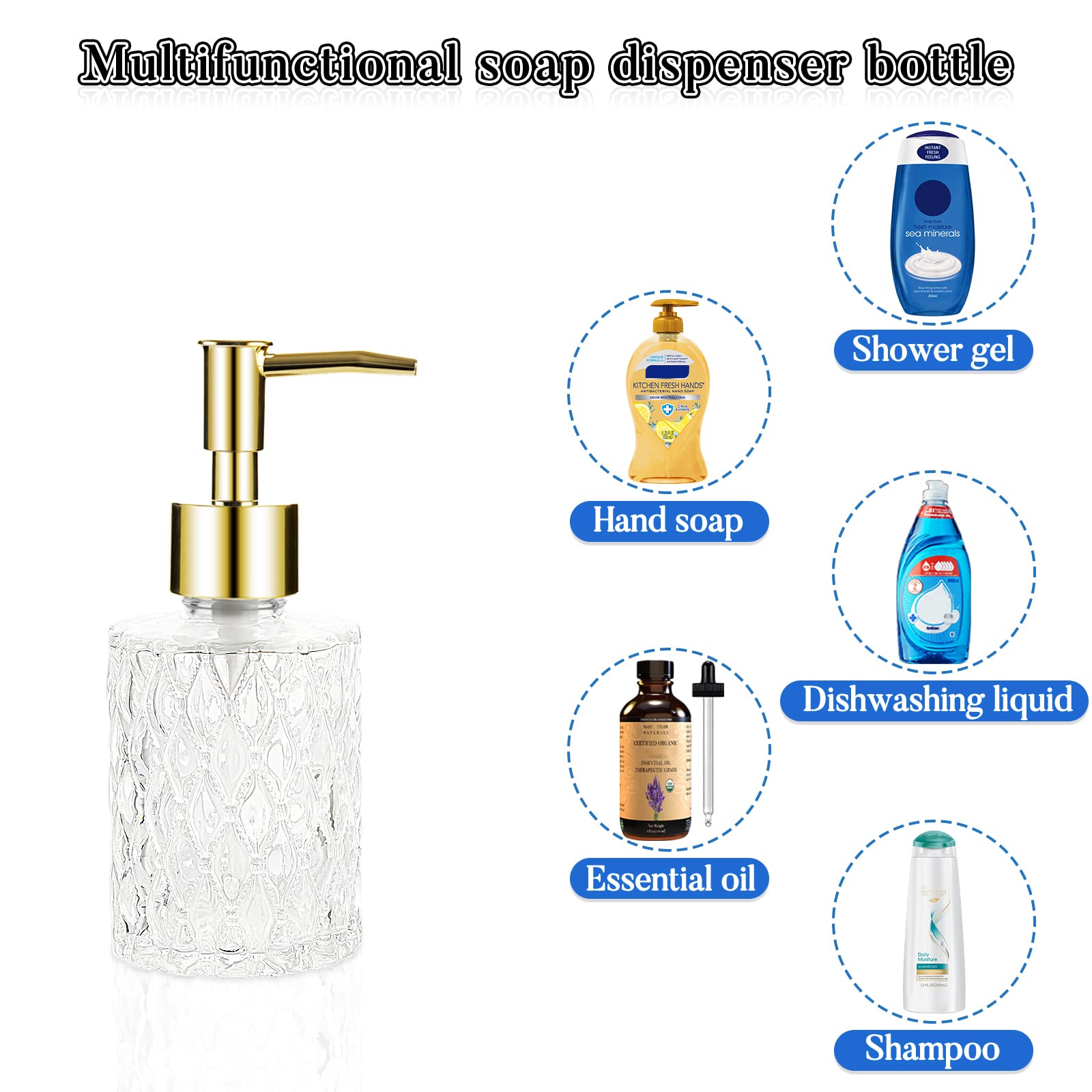Retyion Multipurpose Soap Dispenser Easy To Clean Glass Soap Pump Dispenser Ideal For Bath And Bathroom (Gold)