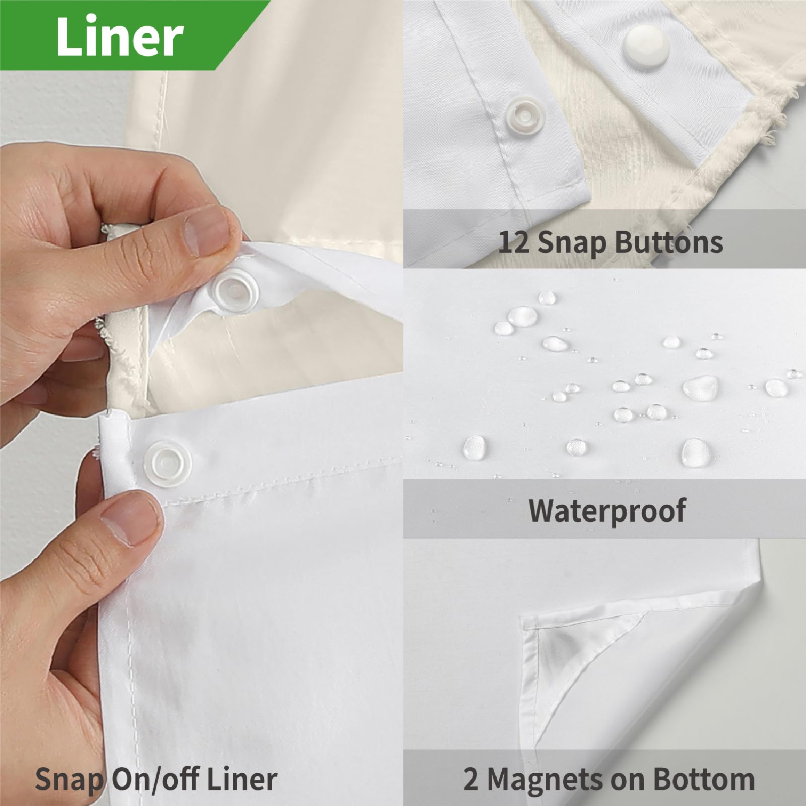 Eachope No Hook Shower Curtain And Liner Set,Boho Style With See Through Top Window, Cream Fabric Tufted Striped Textured Outer