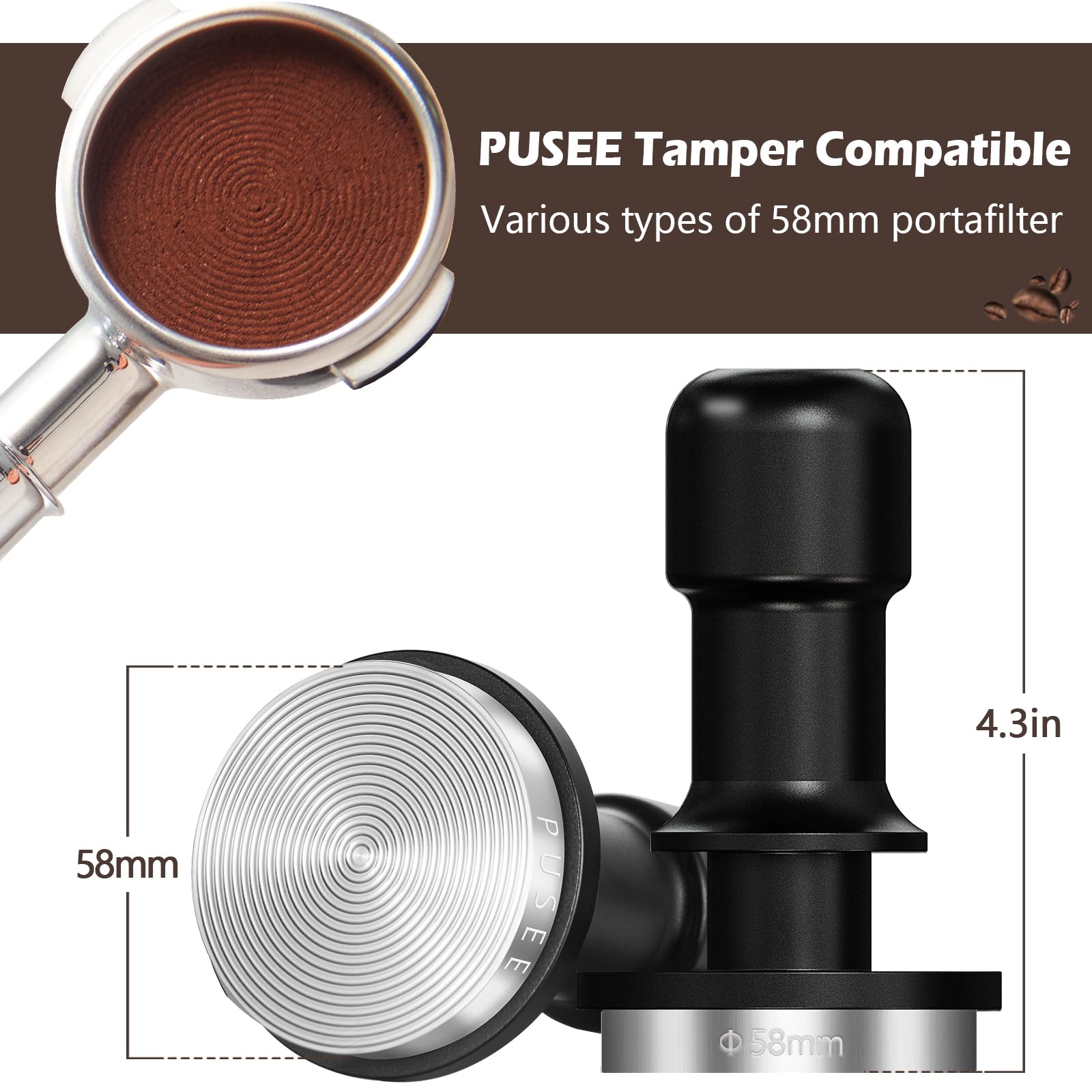Pusee 58Mm Espresso Coffee Tamper,Premium Calibrated Espresso Tamper 30Lb Coffee Tamper With Spring Loaded,100% Stainless Steel