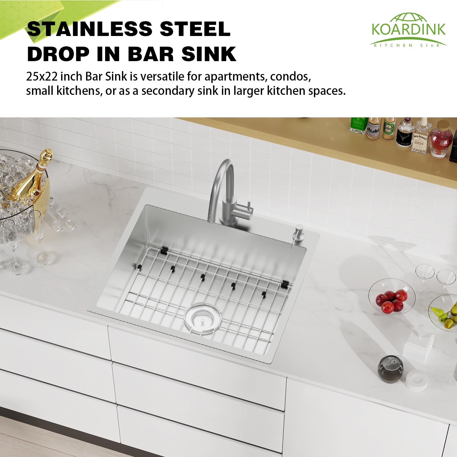 Stainless Steel Drop In Kitchen And Bar Sink - 25X22 Inch Single Bowl Topmount Bar Sink Come With Ss Grid,Silicon Mat,Drain Stra