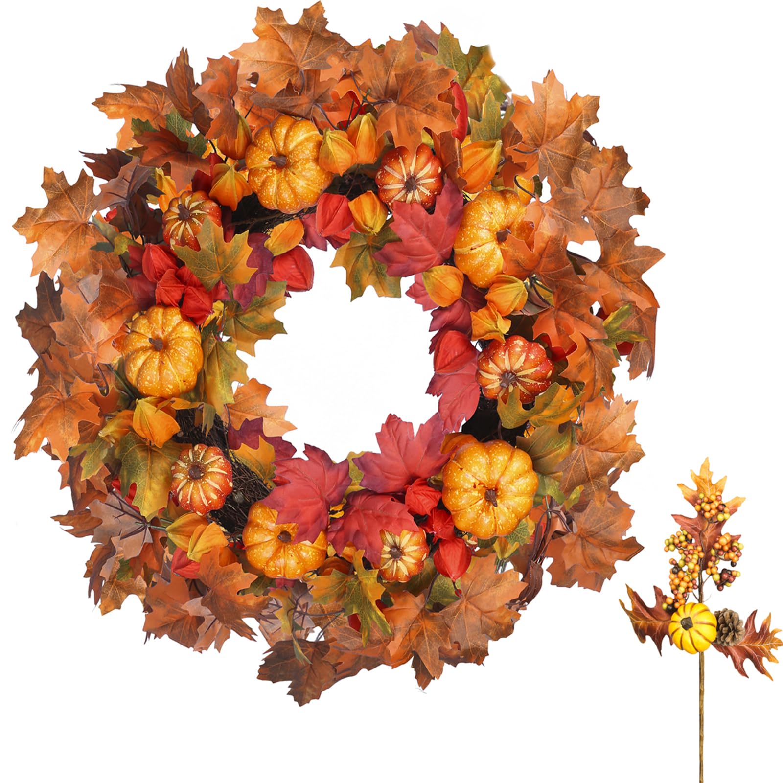 DFRREN Christmas Wreath for Front Door 24Artificial Autumn Wreaths with Pumpkin Red Lantern Fruit Maple Leaves Fall Decorations 