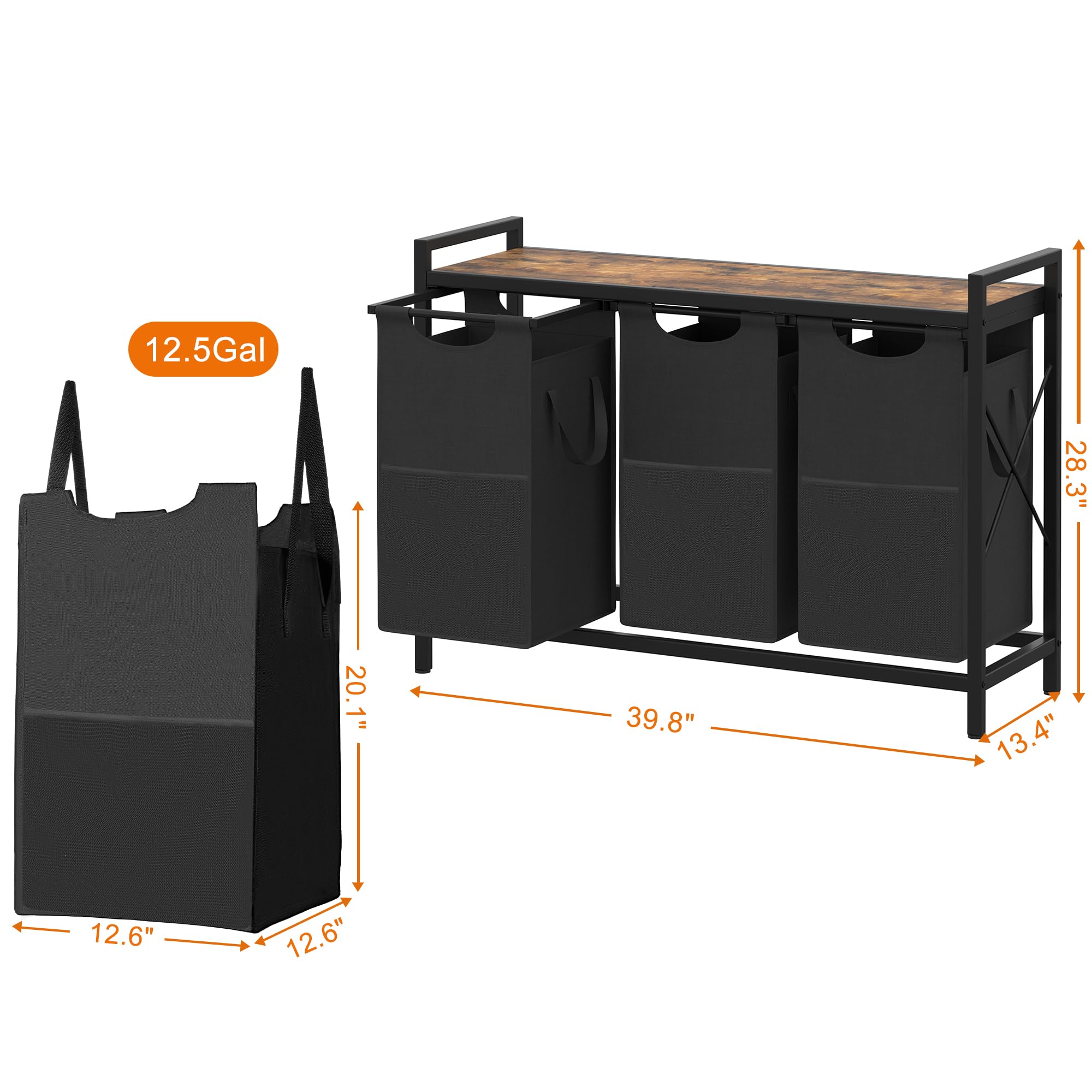 Heybly Laundry Hampers, 3    12.5 Gal Laundry Basket With Large Desktop Sorter For Laundry Room Organization, Bathroom And Dorm