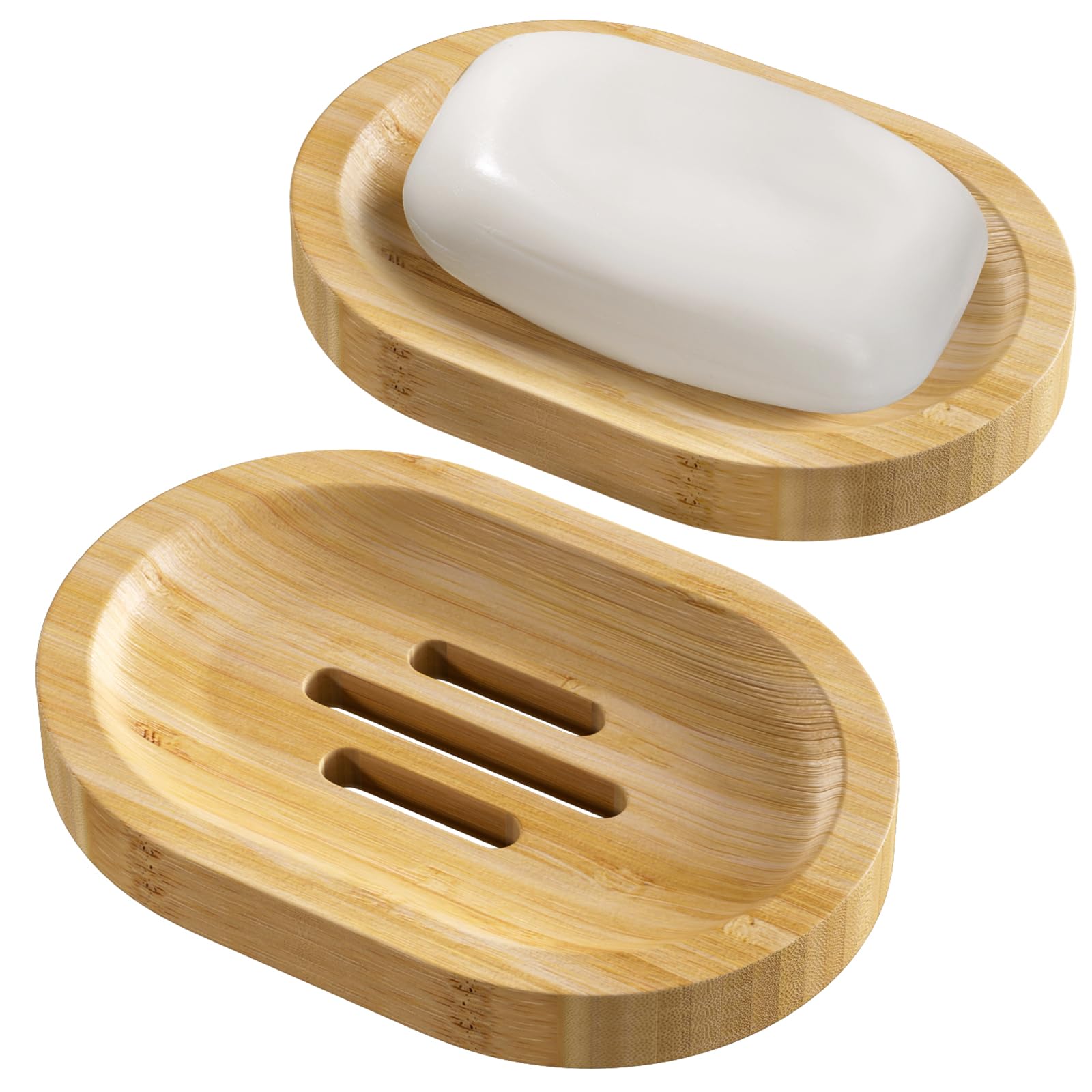Amazerbath Bamboo Soap Holder, Bamboo Soap Dish, 2 Pack Soap Dishes For Bar Soap, Soap Tray Self Draining, Oval Soap Saver For S