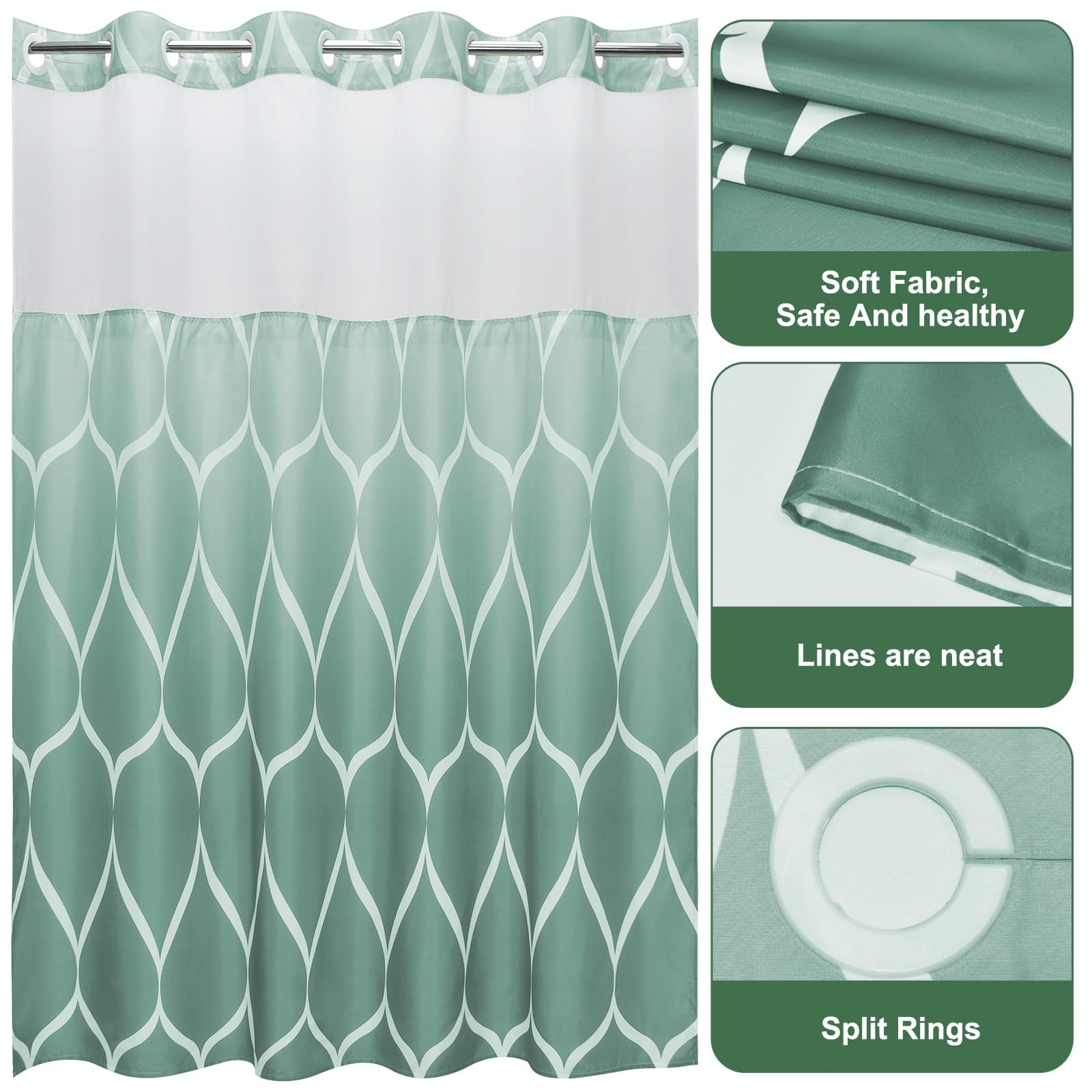 Yiatn No Hook Ombre Teal Shower Curtain With Snap In Fabric Liner Set - Hotel Style With See Through Mesh Top Window, Modern Geo