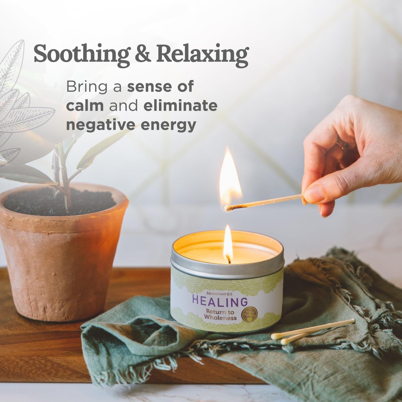 Magnificent 101 Healing Aromatherapy Candle in 6-oz. Tin Holder: 100% Natural Soy Wax with Palo Santo, Sandalwood & Lavender Ess
