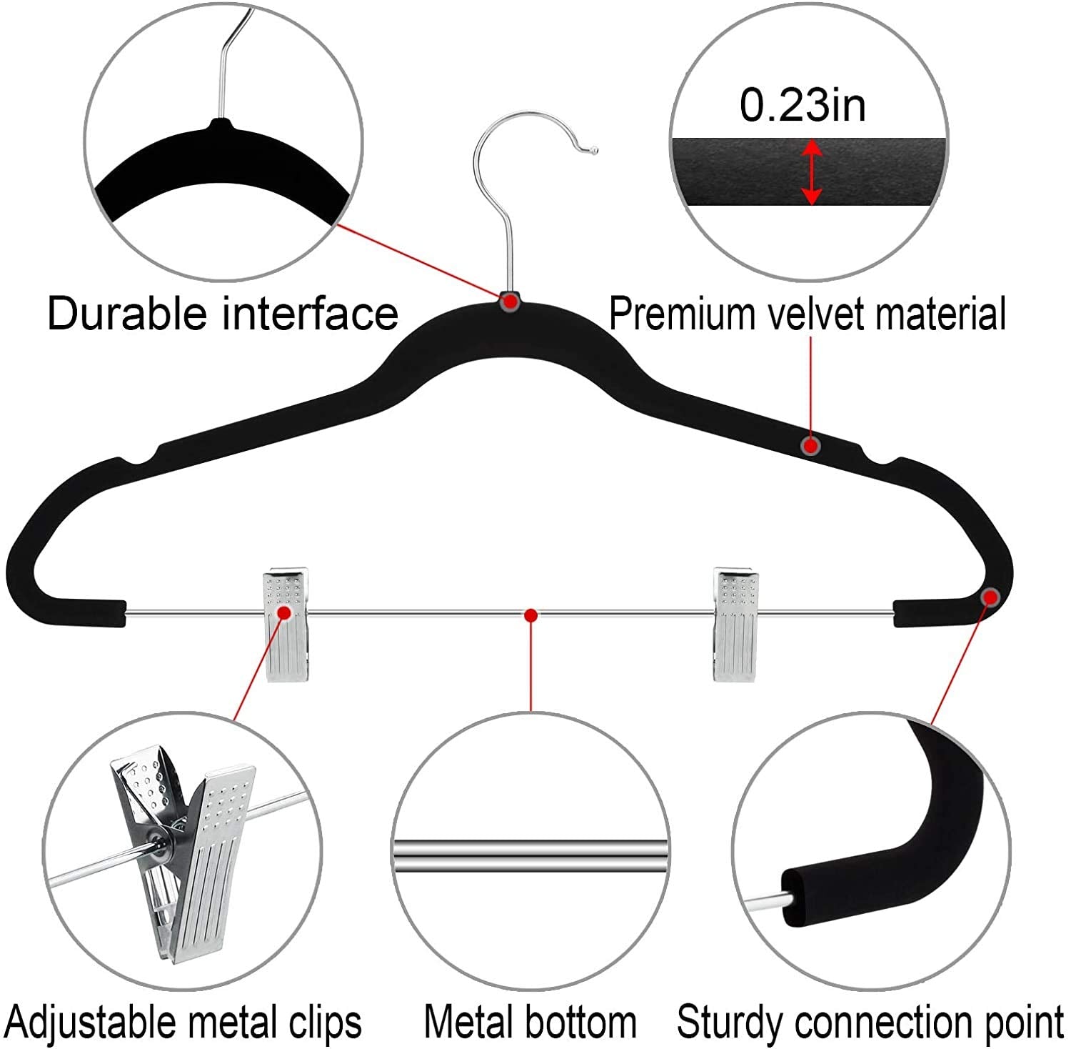 TIMMY 30-Pack Pants Hangers  16.7-Inch Long Velvet Trousers Hangers with Adjustable Clips  Heavy-Duty  Non-Slip  Space-Saving  360 ? Swivel Hooks Black Velvet Hanger
