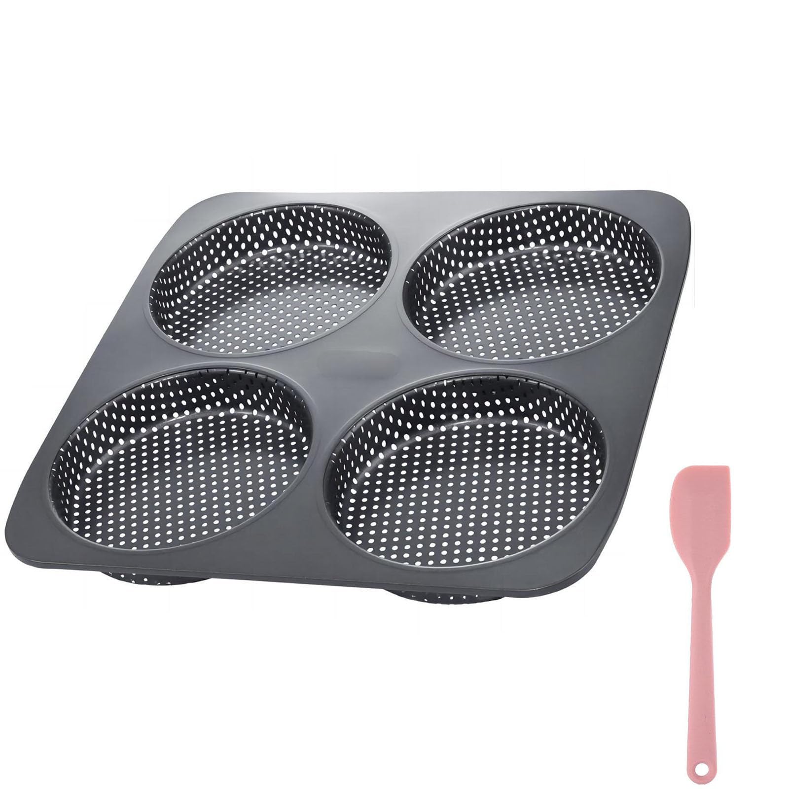 HOMOMSAE Large Hamburger Bun Pan, 5 Inch Perforated Commercial NonStick Carbon Steel Baking Mold, 4Cavity Big Baking Pan for H