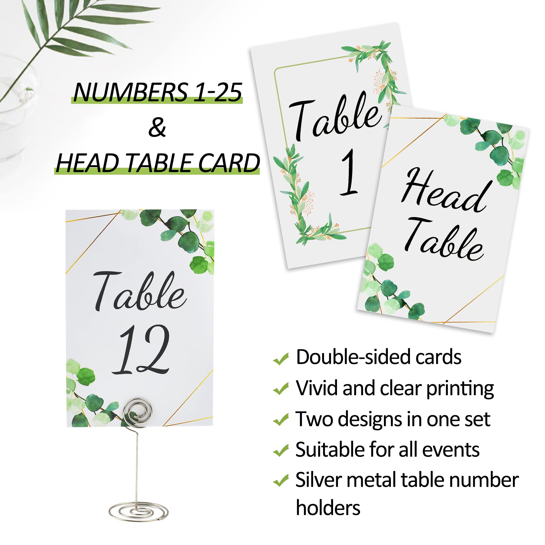Power Unico Flower Table Numbers 1-25 Plus Head Table Card, Double-Sided 4 * 6In Card Stock With Matched Silver Table Number Hol